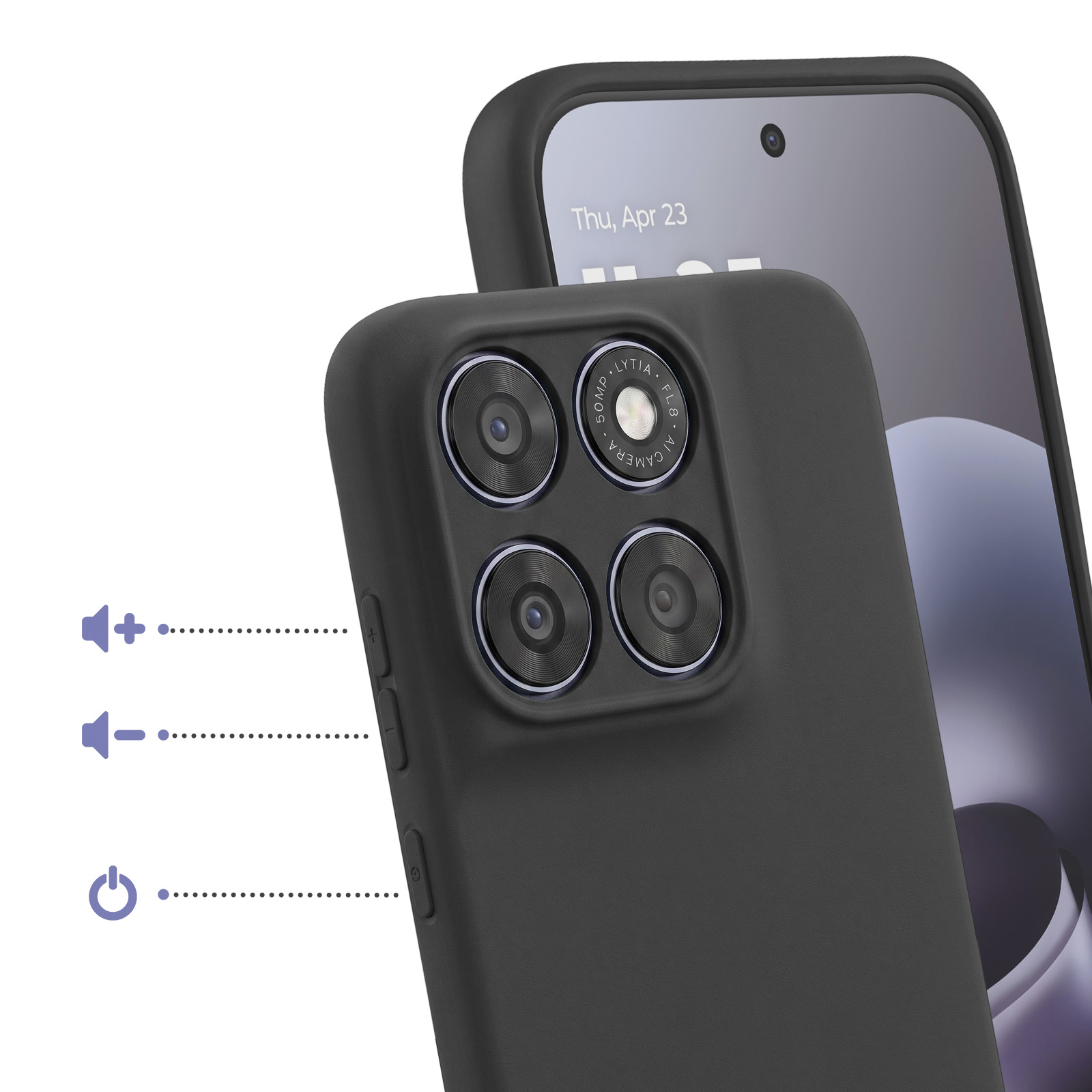 Schwarzes Handy mit vier Kameras und einem leeren Bildschirm. Lautsprecher- und Einschaltsymbole.