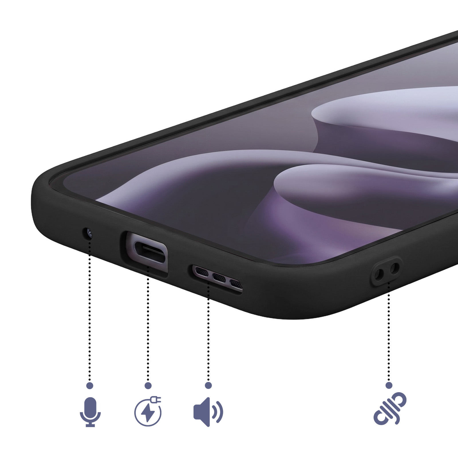 Schwarze Handyhülle mit Anschlüssen: Mikrofon, USB-C, Lautsprecher, Kopfhörerbuchse.
