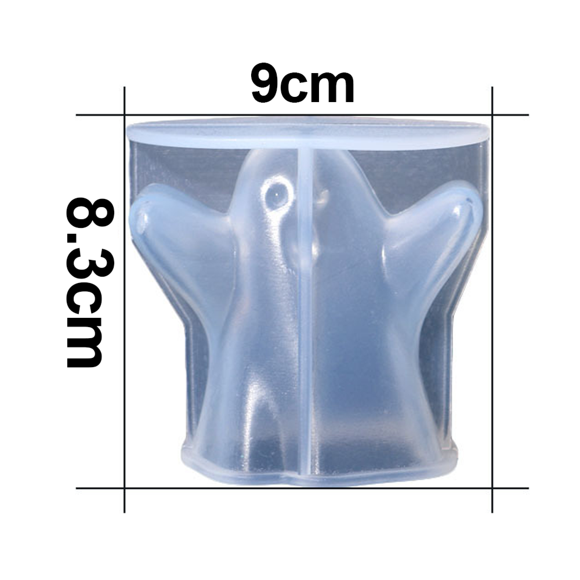 Eine transparente blaue Silikonform in Geisterform, 9 cm breit und 8,3 cm hoch.
