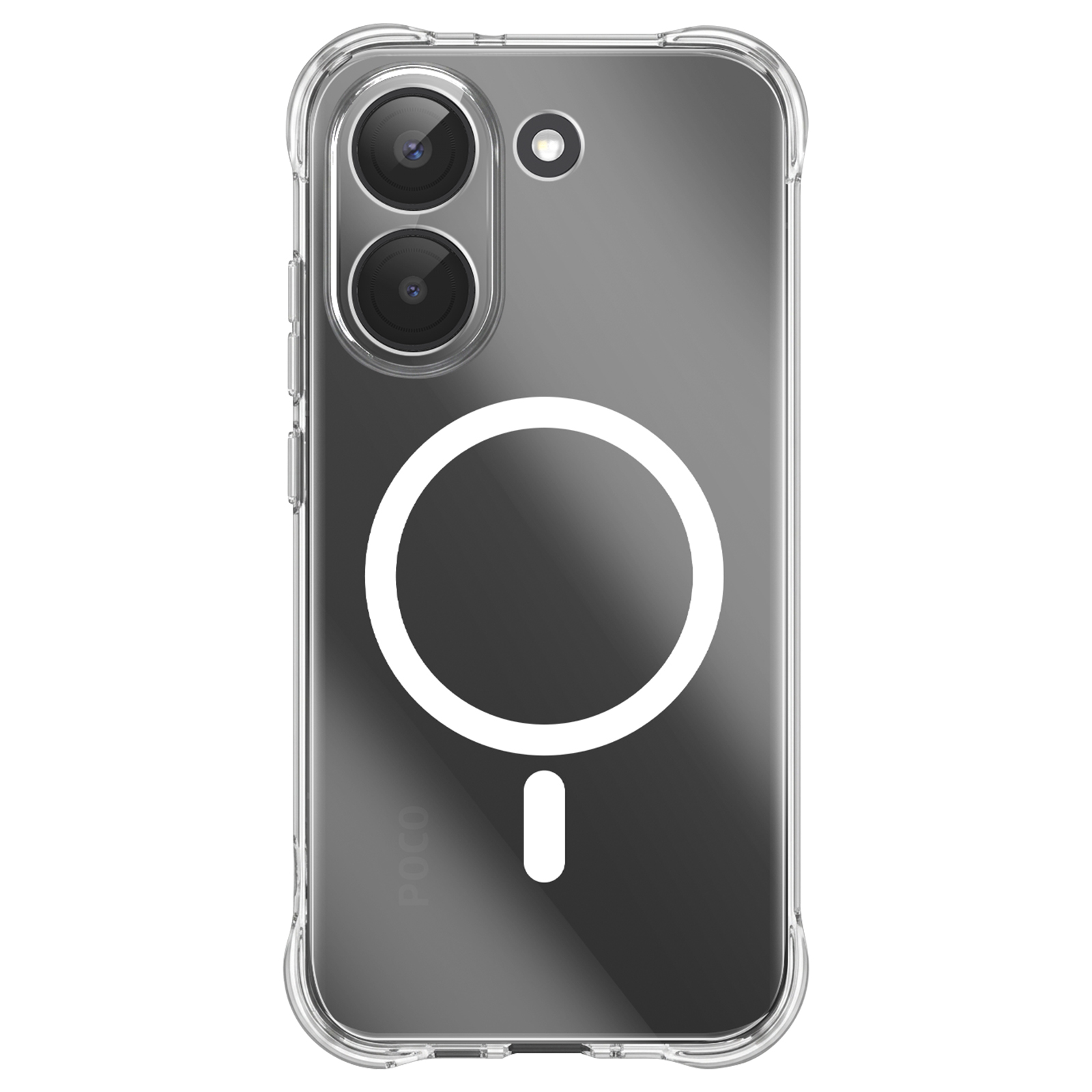 Transparente Handyhülle mit zwei Kameras und weißem Kreis-Symbol.