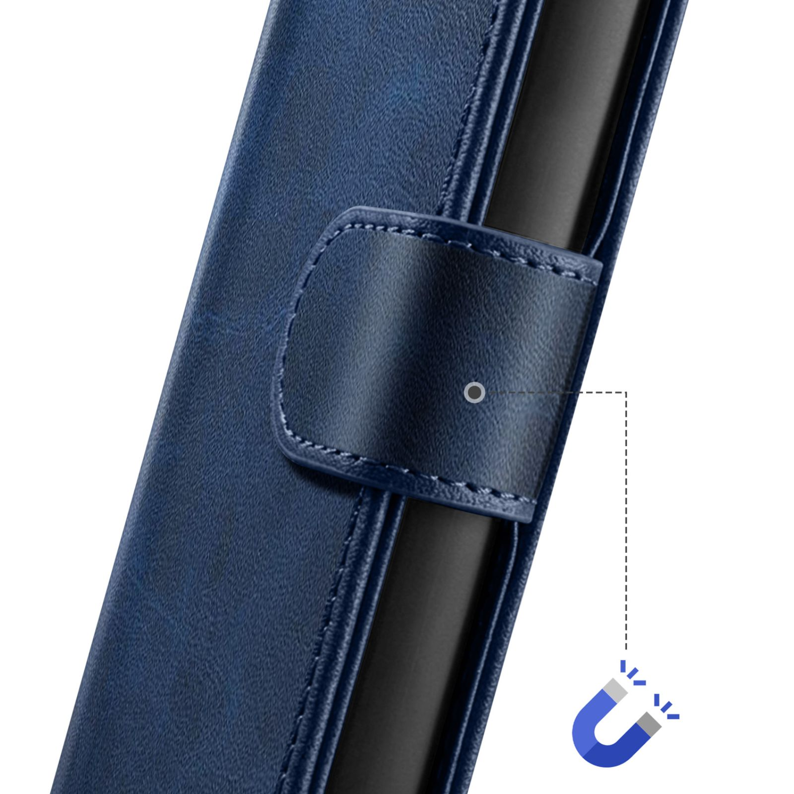 Eine blaue Lederhülle mit Magnetverschluss und einem stilisierten Hufeisenmagneten.