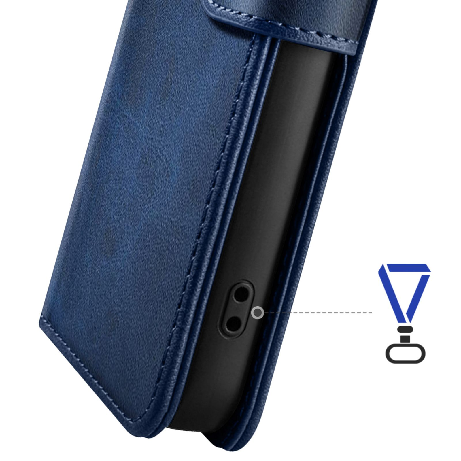 Blaue Lederhülle für Handy mit Anschlüssen und Schlaufe.