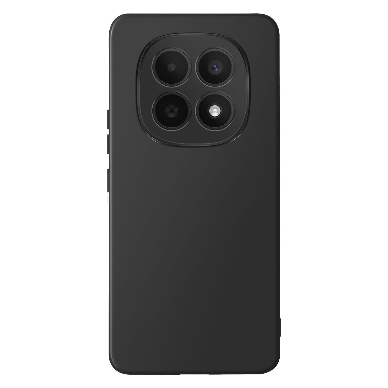 Ein schwarzes Smartphone mit vier Kameras und Blitz auf der Rückseite.