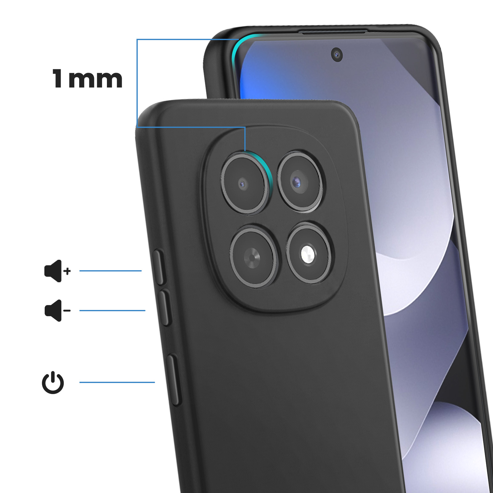 Schwarze Handyhülle mit Kameraausschnitt, Lautstärke- und Power-Buttons.