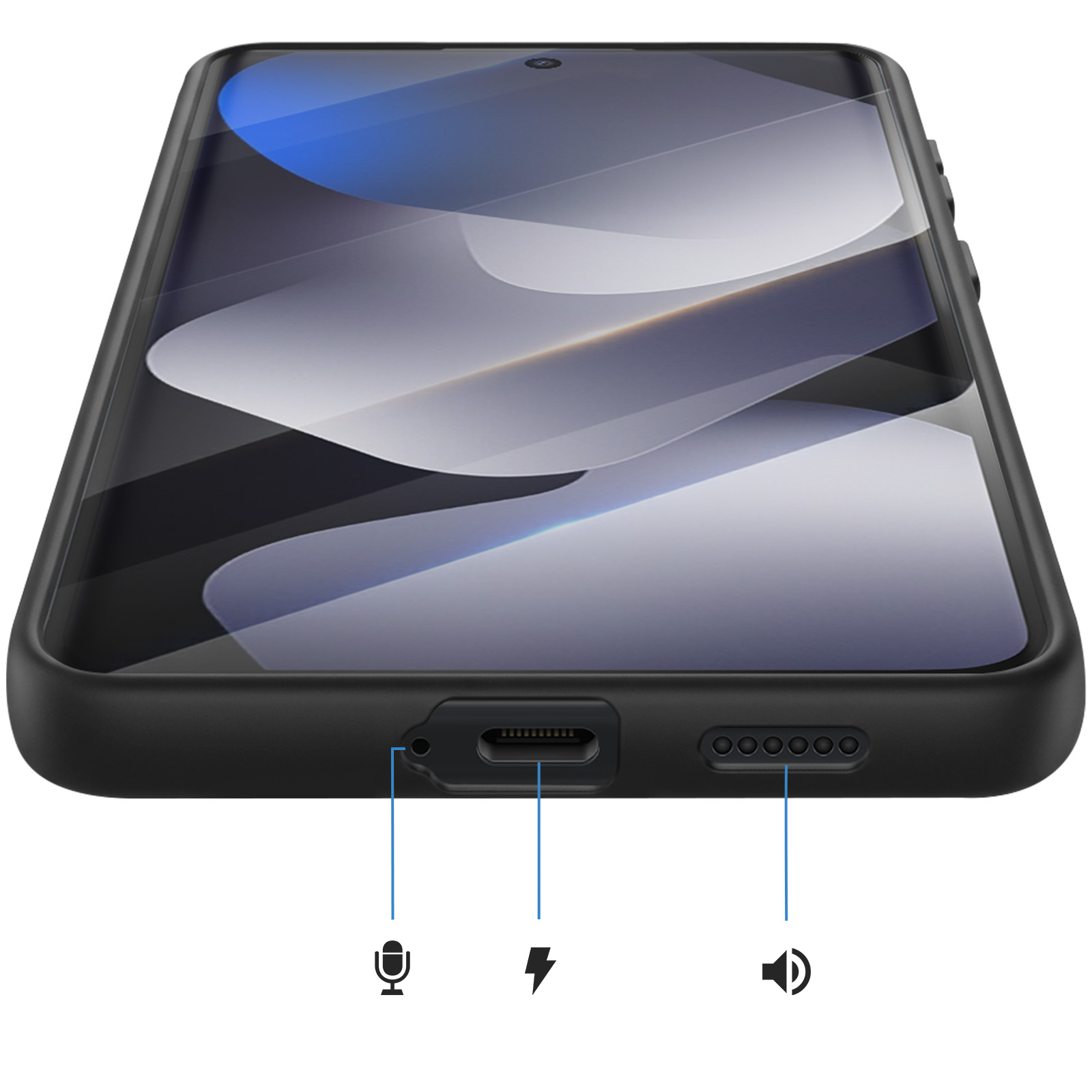 Detailansicht eines schwarzen Smartphones mit Anschlüssen: Mikrofon, Ladeanschluss, Lautsprecher.