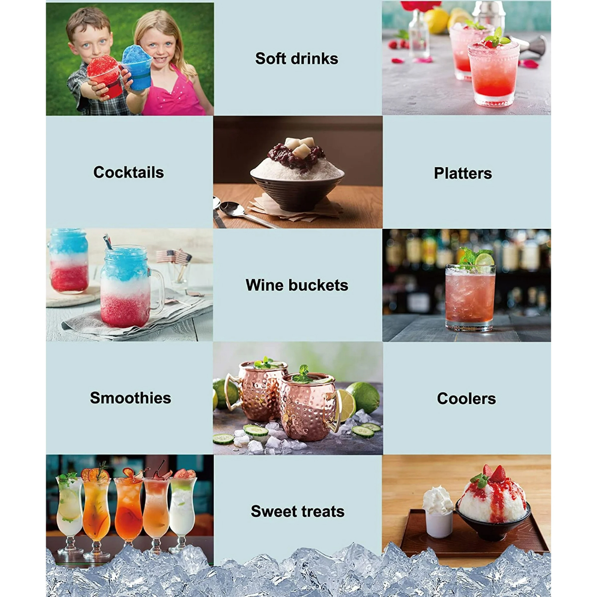 Collage aus Getränken und Desserts: Kinder mit Slushies, Cocktails, Platten, Weinkühler.