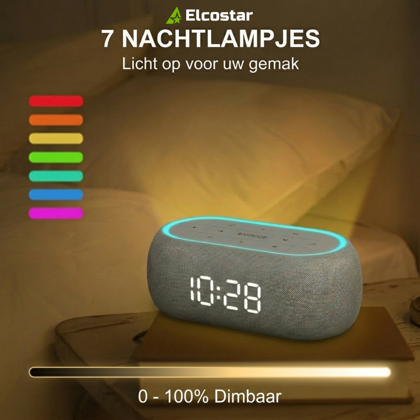 Ein grauer Nachttischwecker mit digitaler Anzeige 10:28 und 7 farbigen Lichtern.