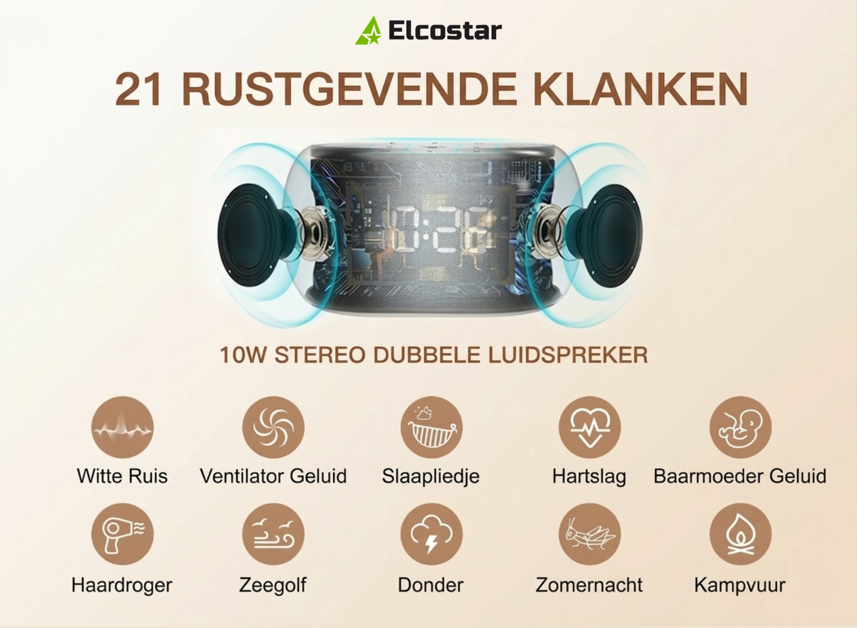 Elcostar 10W Stereo Lautsprecher mit 21 beruhigenden Klängen.
