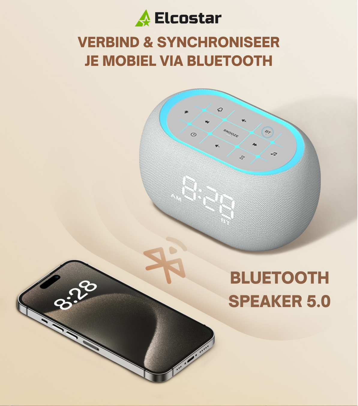 Ein weißer Elcostar Bluetooth-Lautsprecher mit blauem Licht neben einem Smartphone.