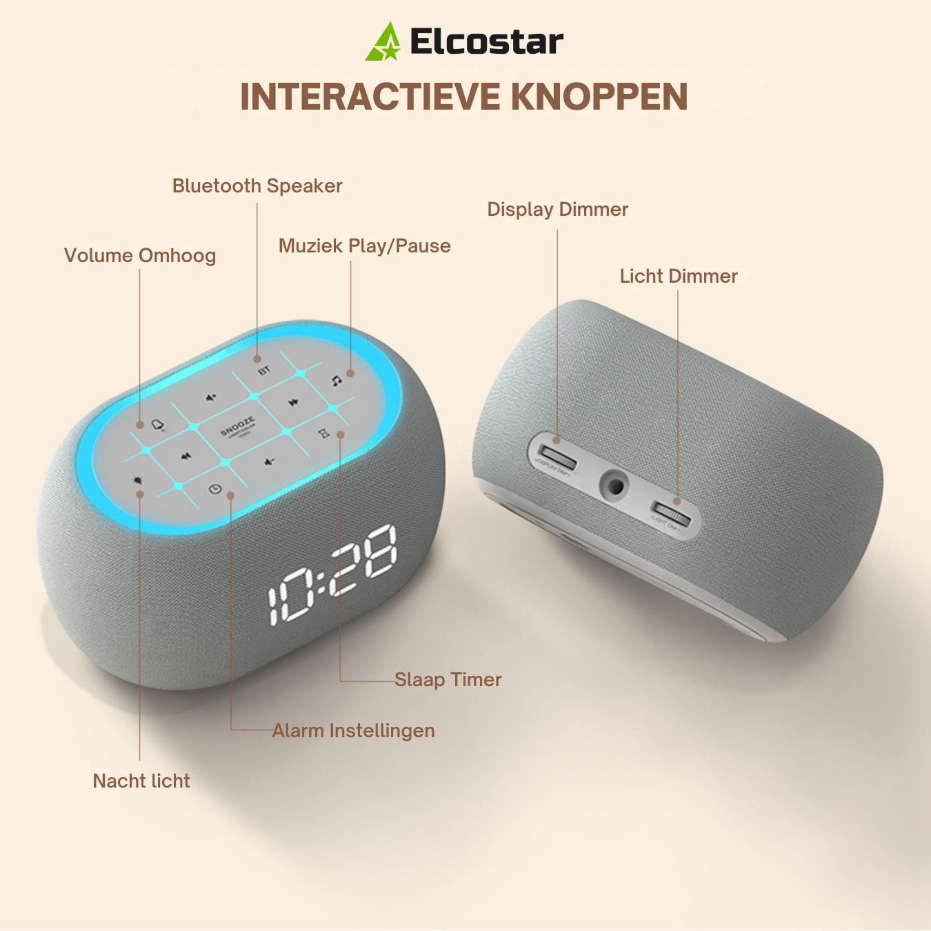 Grauer Bluetooth-Lautsprecher mit beleuchtetem Display und Bedienelementen.