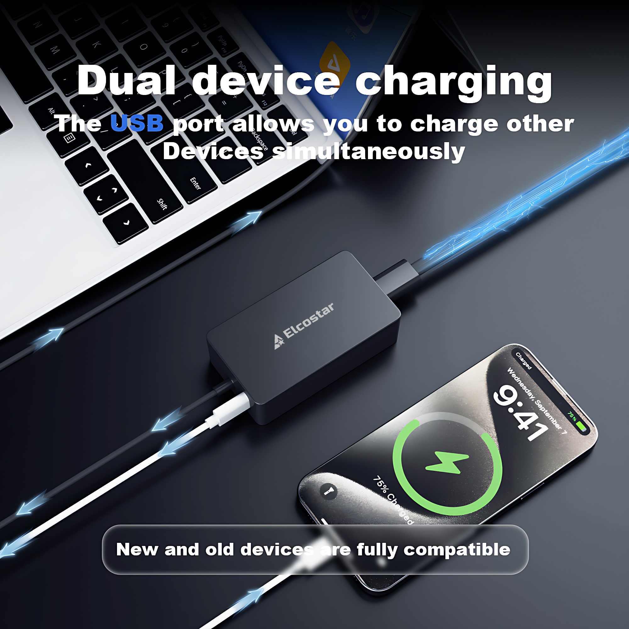 Een USB-oplader laadt een smartphone op en is aangesloten op een laptop, laadt beide apparaten op.