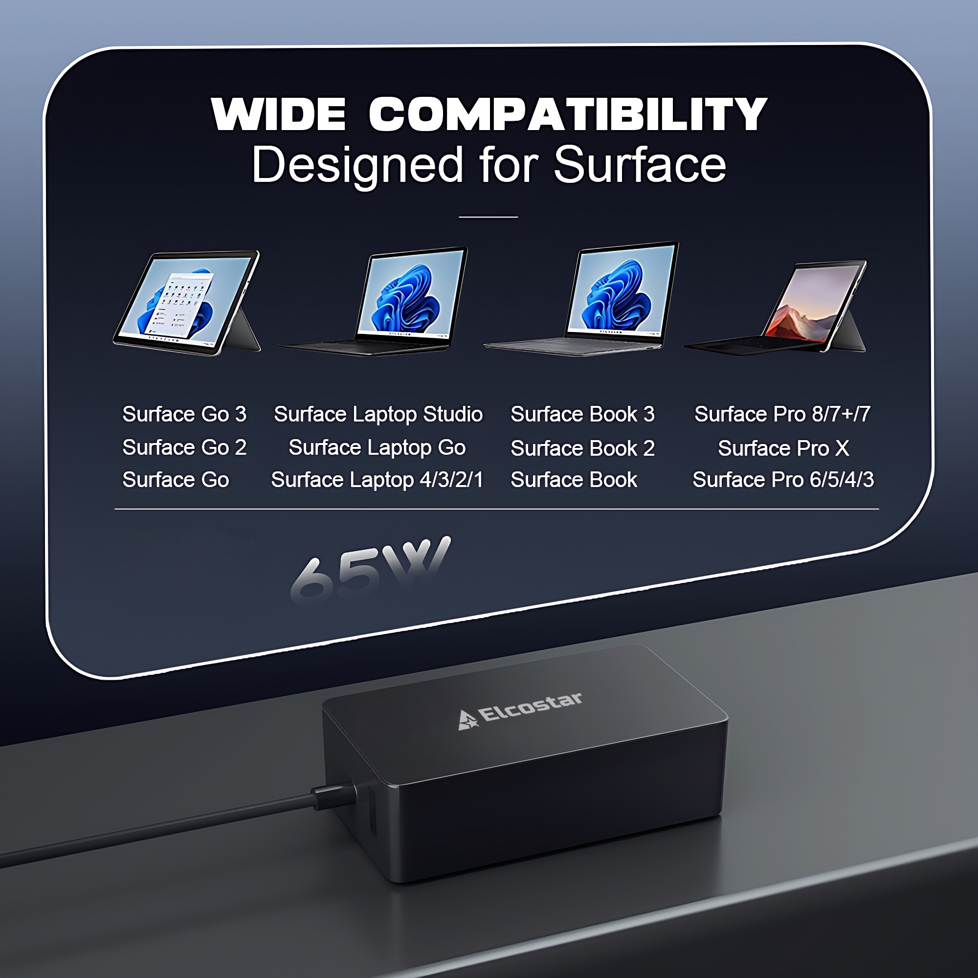 Een zwarte 65W Elcostar voedingsadapter met kabel, compatibel met Surface apparaten.
