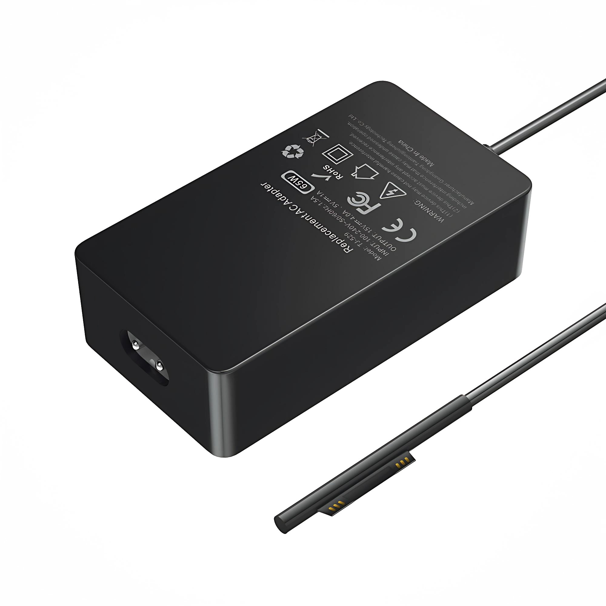 Zwarte AC-adapter met kabel, model TJ-529, 65W.