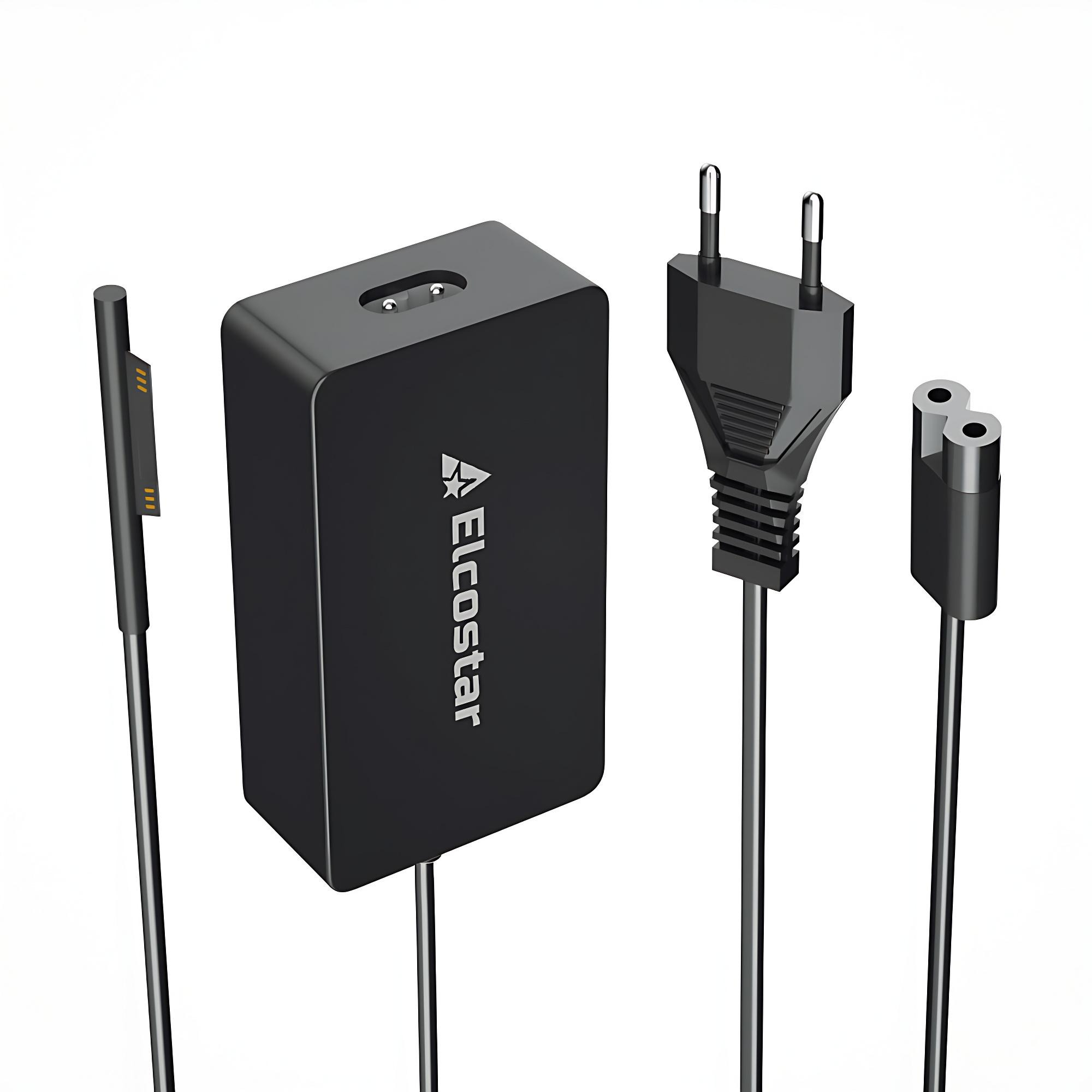 Een zwarte laptop-netadapter met kabels en stekkers.