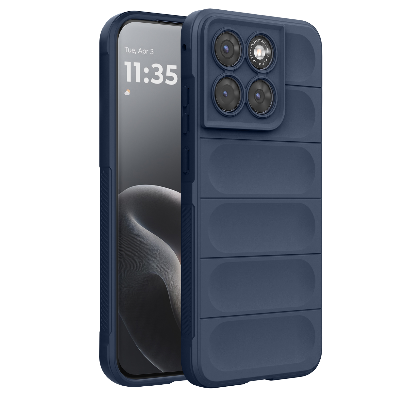 Dunkelblaue Handyhülle mit vier Kameras und gerilltem Design.