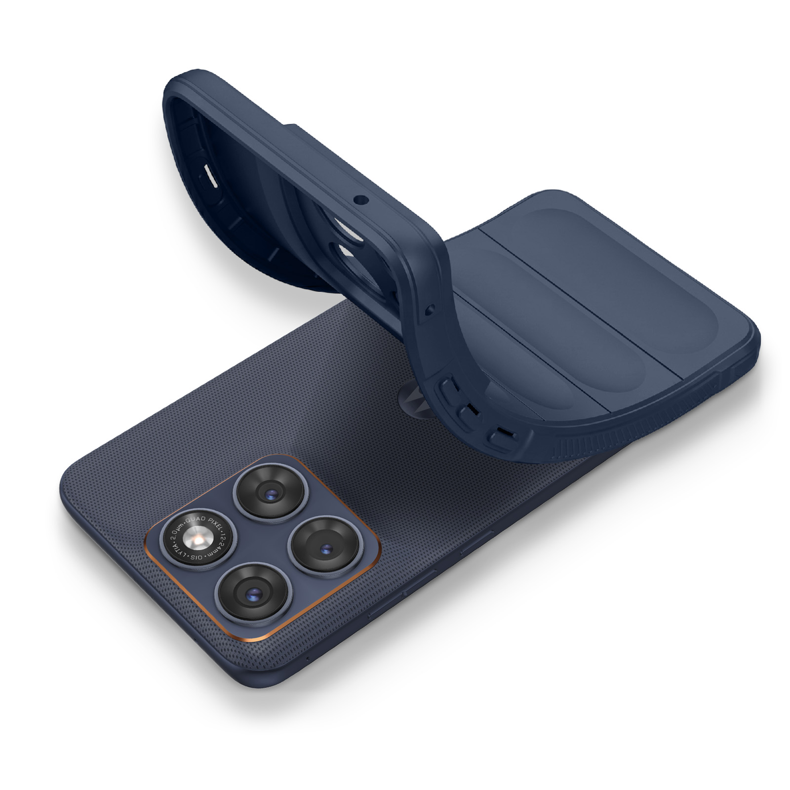 Dunkelblaues Smartphone mit vierfacher Kamera und einer biegsamen Schutzhülle.