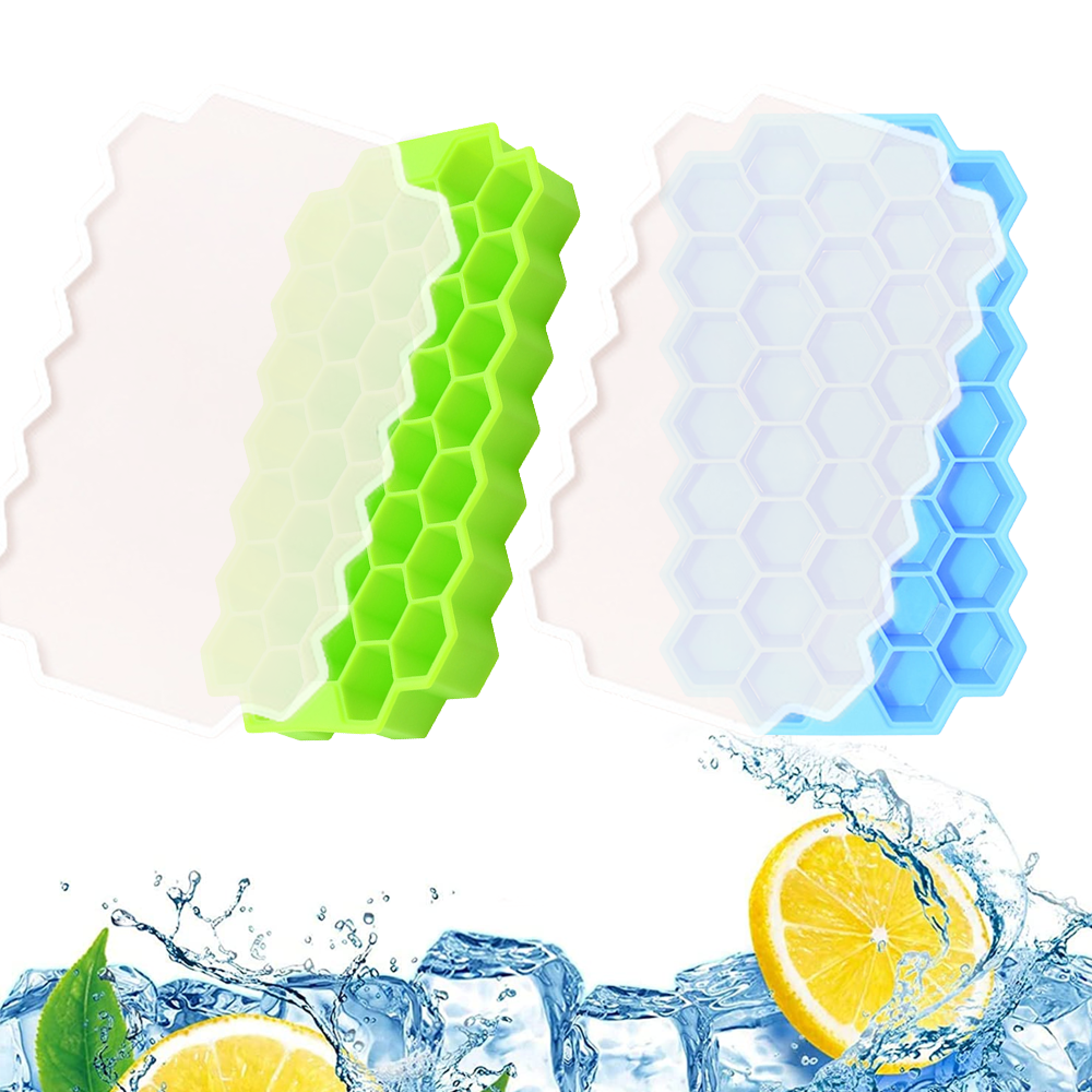 Grüne und blaue Eiswürfelformen mit Zitronenscheiben und Eiswürfeln.