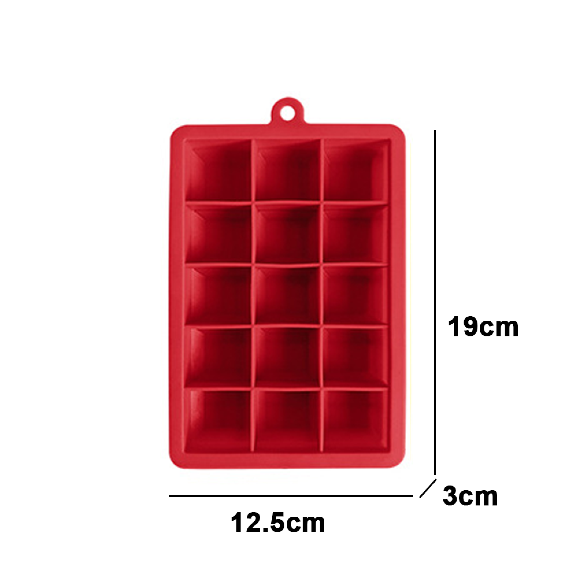 Rote Silikonform mit 15 Fächern, 19x12,5x3cm.