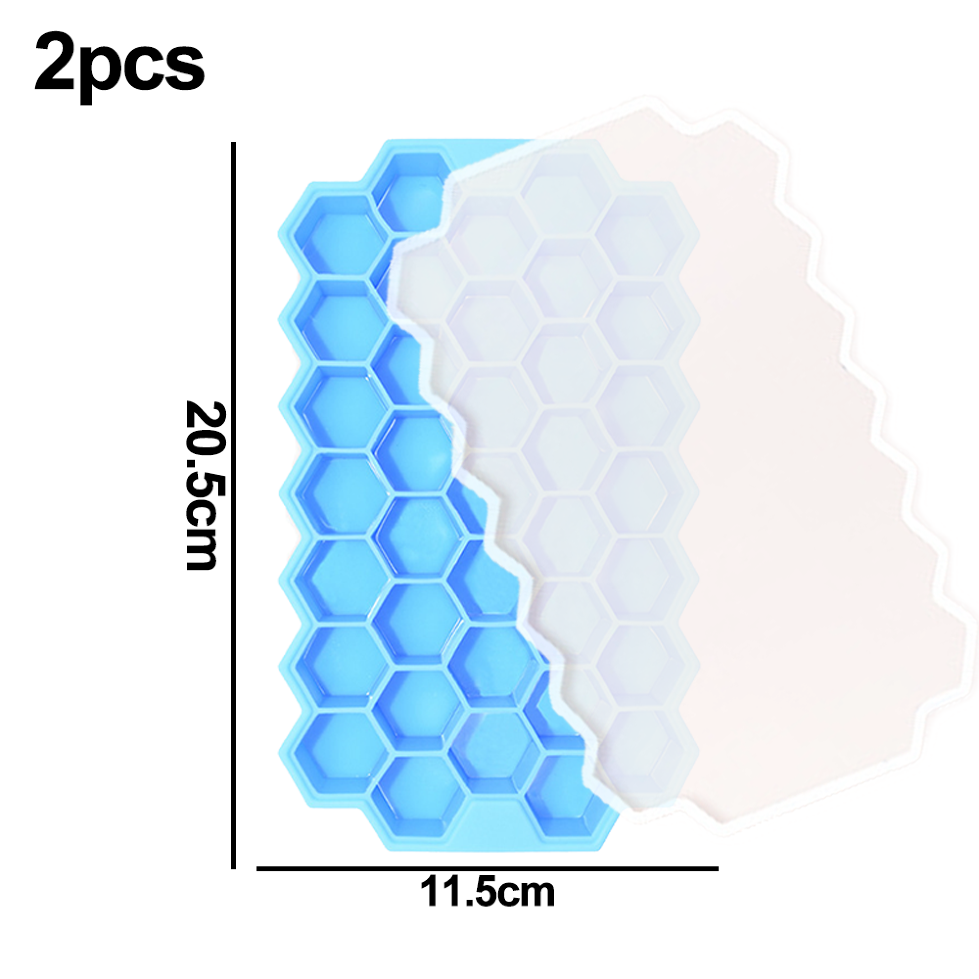 Zwei blaue Silikon-Eiswürfelformen in Wabenform mit Maßen.