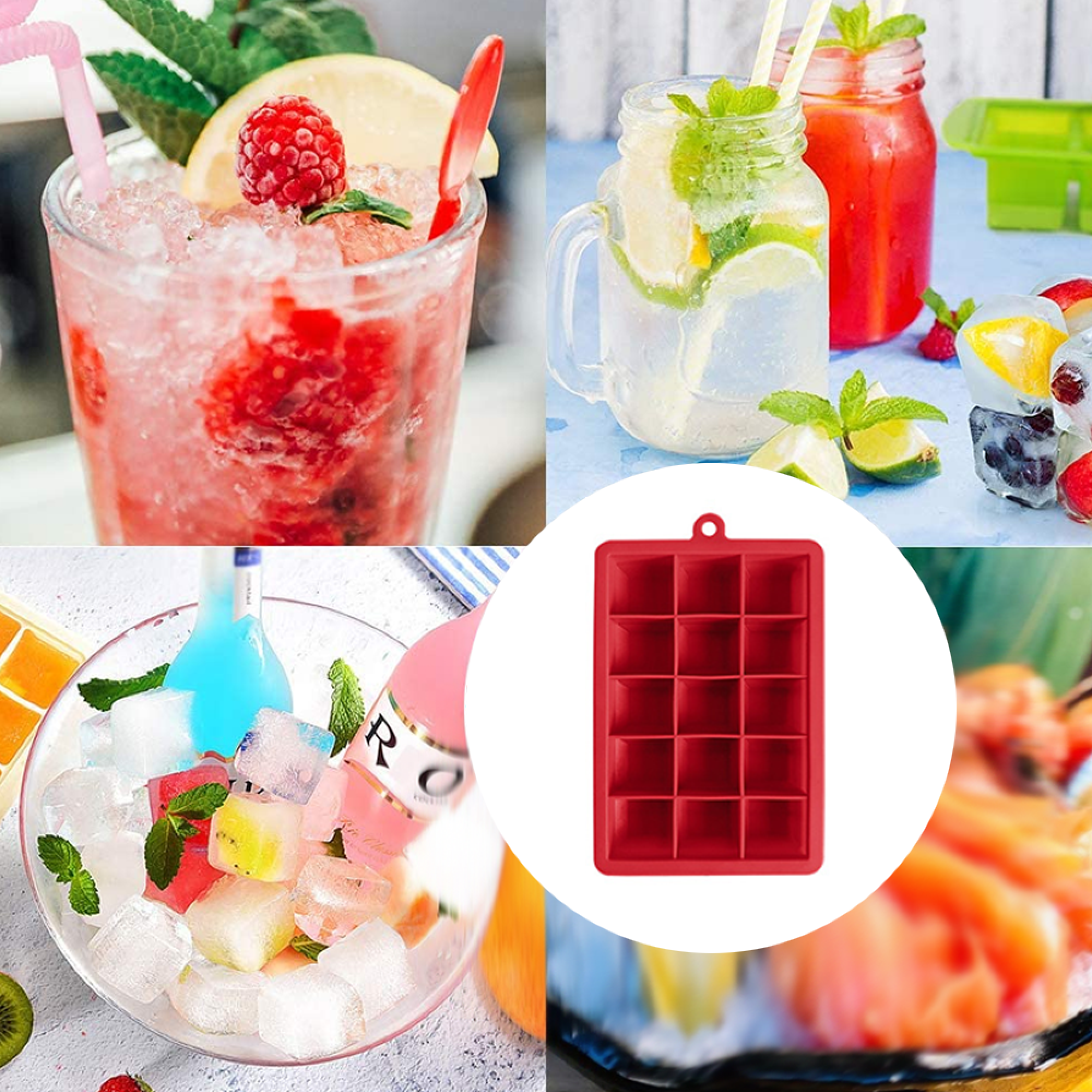Vier Collagen von Getränken und Eiswürfelform: Cocktails, Wasser, Früchte, Eis.