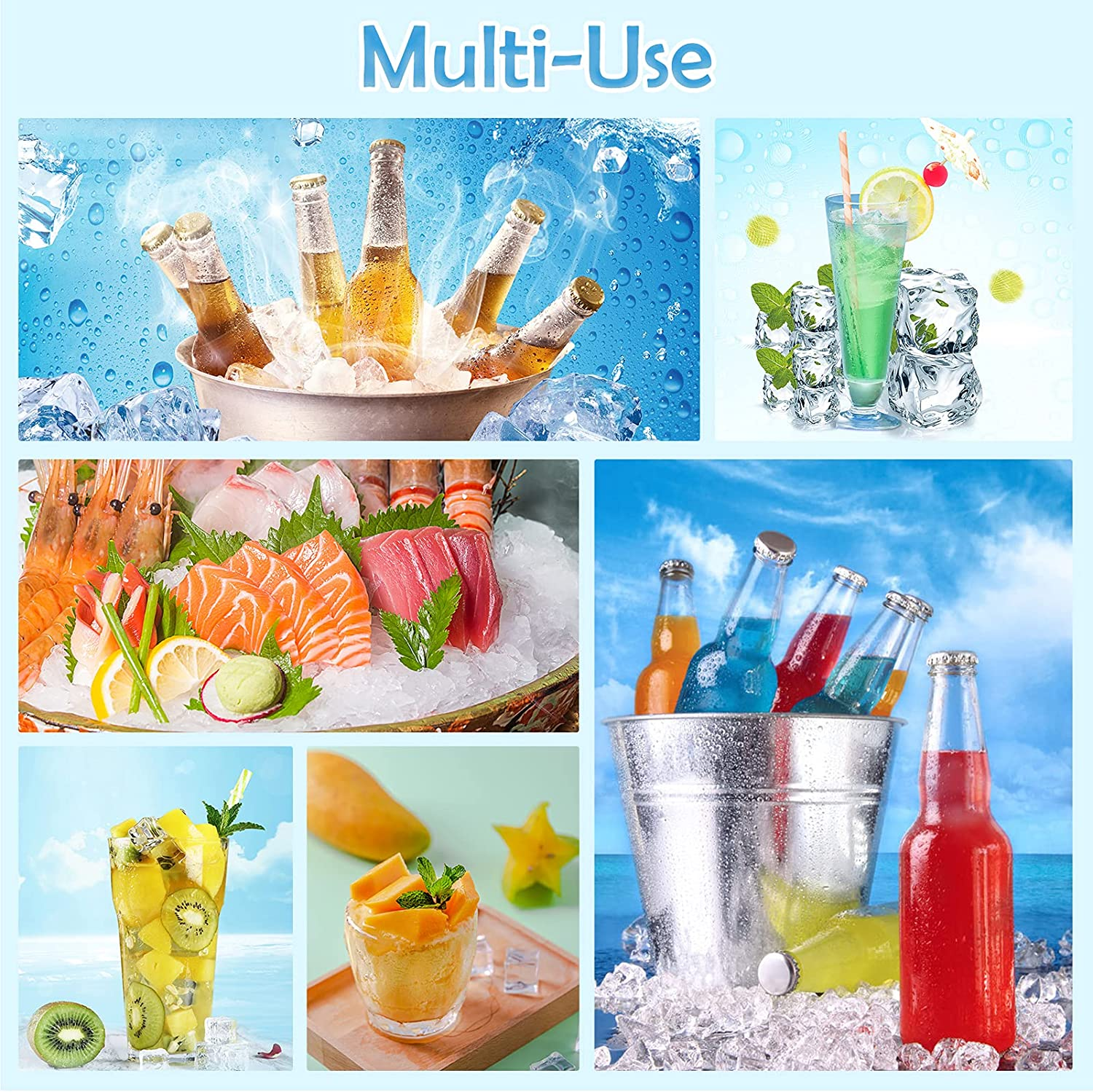 Collage mit Getränken, Eis und Essen: Flaschen in Eis, grüner Cocktail, Sashimi, Fruchtgetränke.