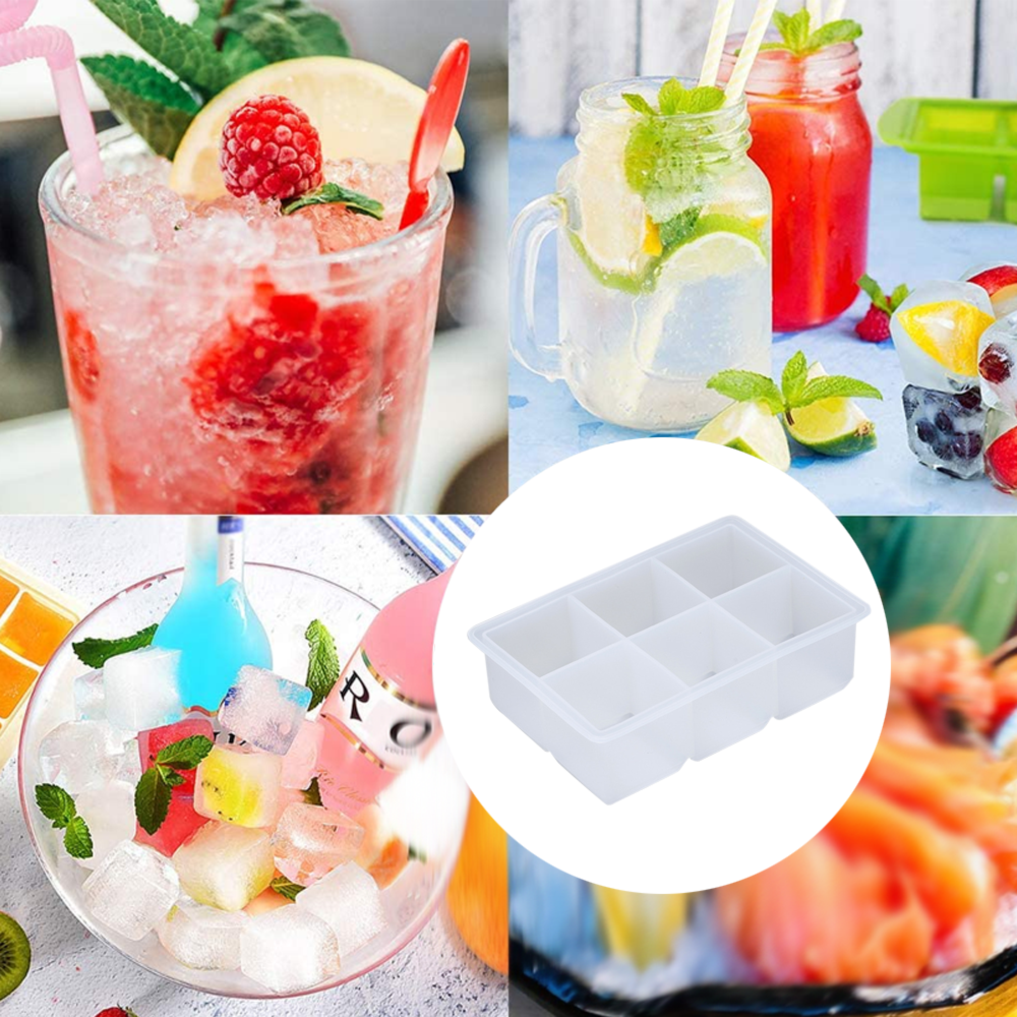 Collage mit Getränken, Eiswürfeln und einer Eiswürfelform.