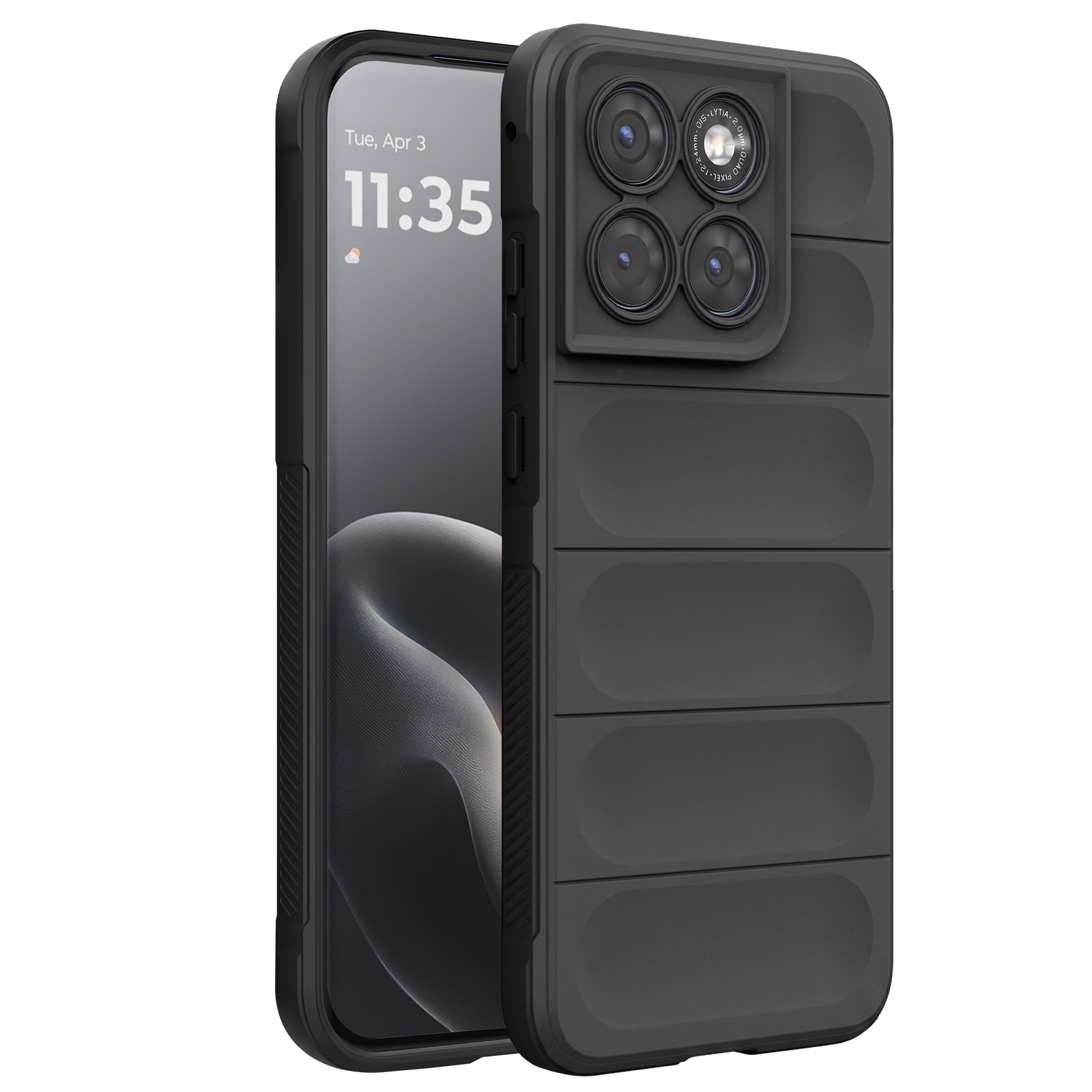 Schwarzes Smartphone mit vierfacher Kamera und geripptem Gehäuse. Zeigt 11:35 an.