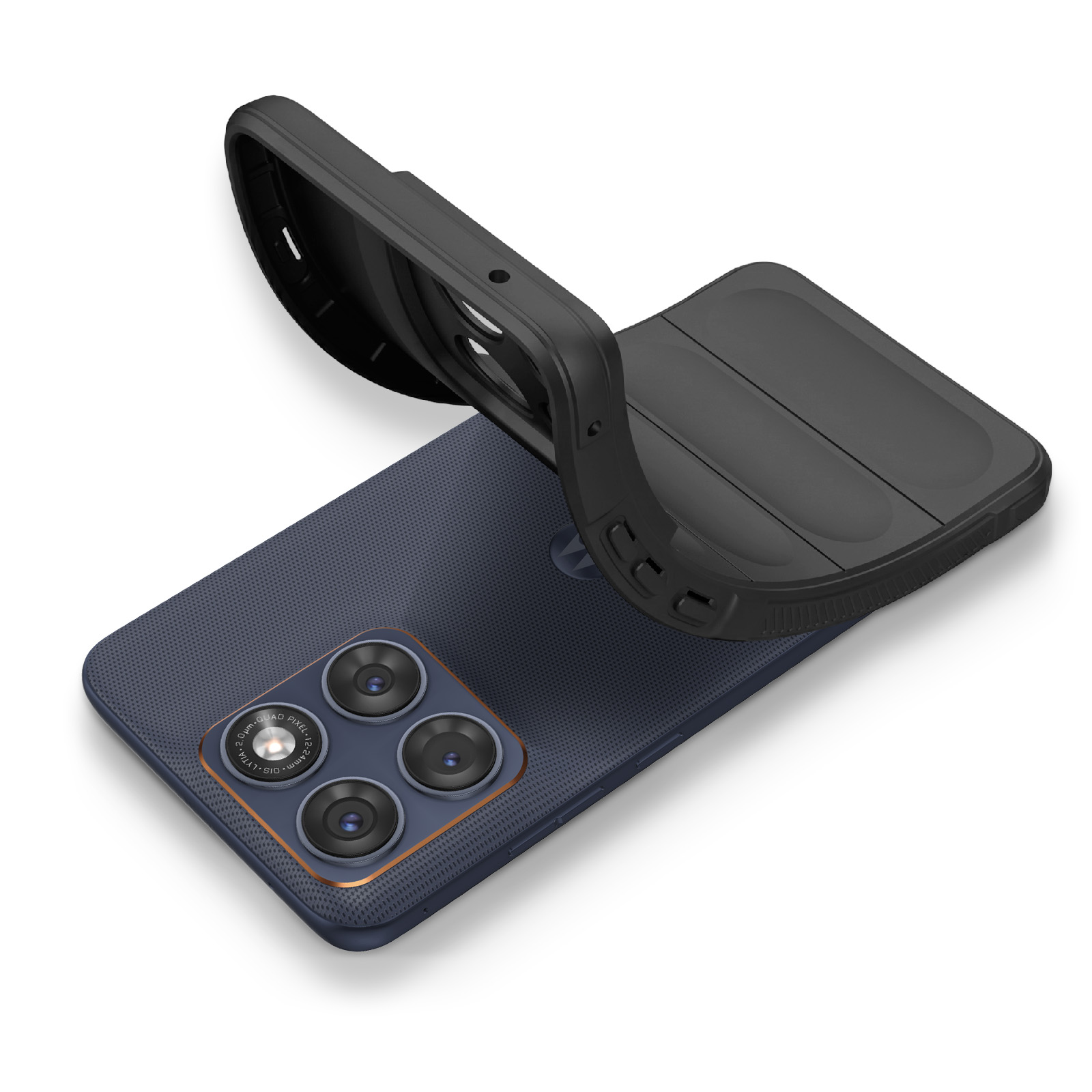 Ein blaues Smartphone mit vier Kameras und einer schwarzen Schutzhülle.