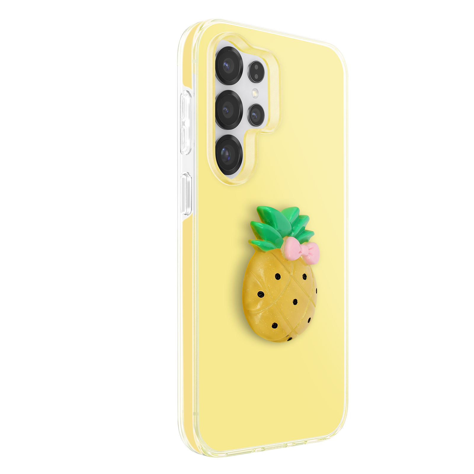 Funda amarilla para teléfono con dije de piña y lazo rosa.