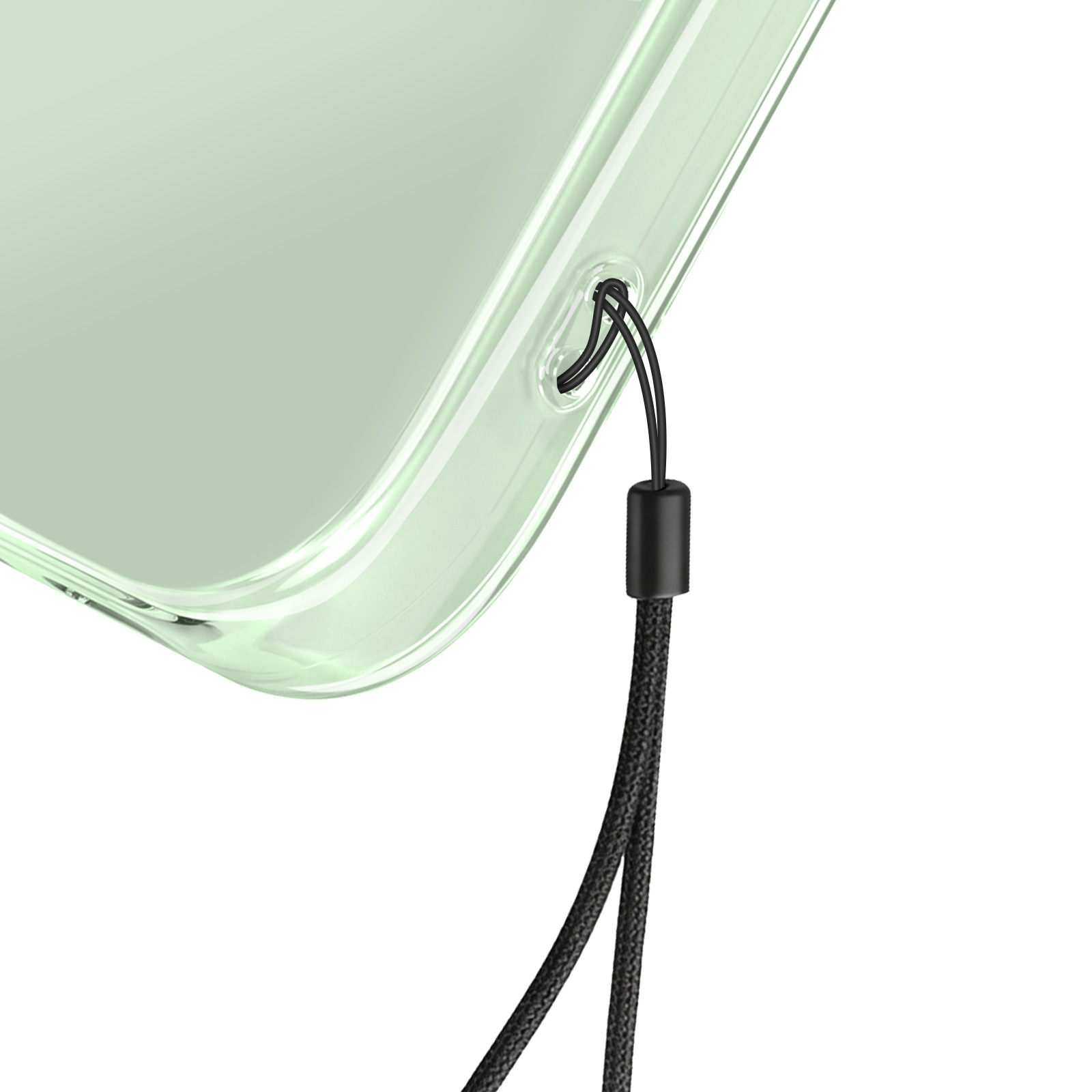 Eine Nahaufnahme einer durchsichtigen Hülle mit einer schwarzen Lanyard-Schlaufe.