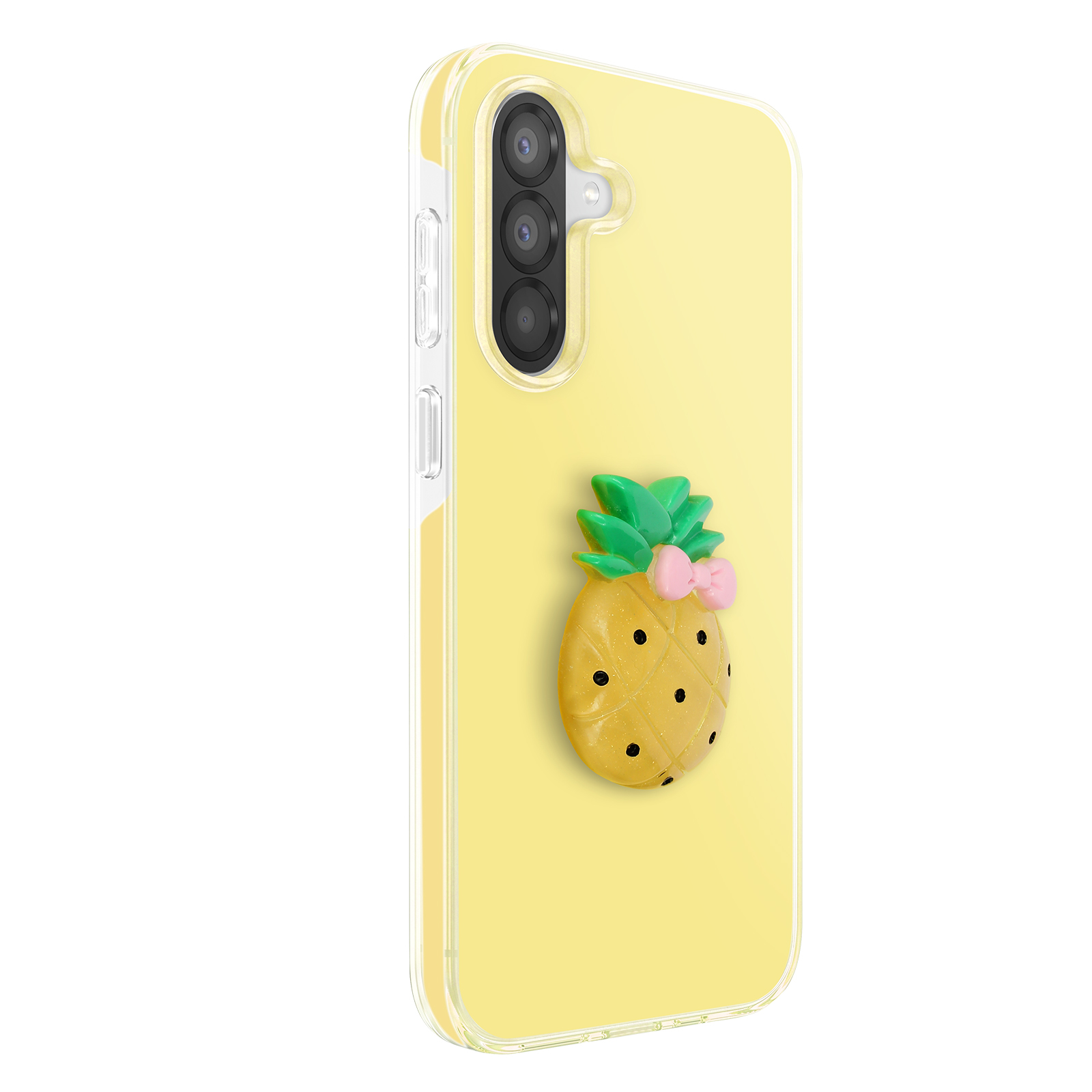 Gelbe Handyhülle mit einem niedlichen Ananas-Design und einem rosa Schleifen-Detail.