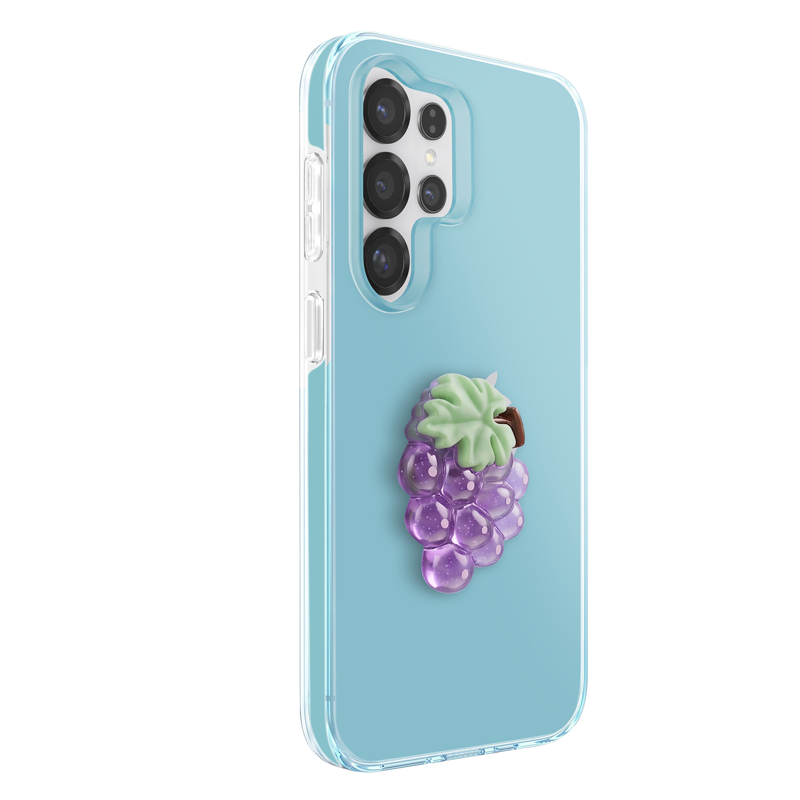 Ein hellblaues Handycover mit einer durchsichtigen Hülle und einer Traubenverzierung.