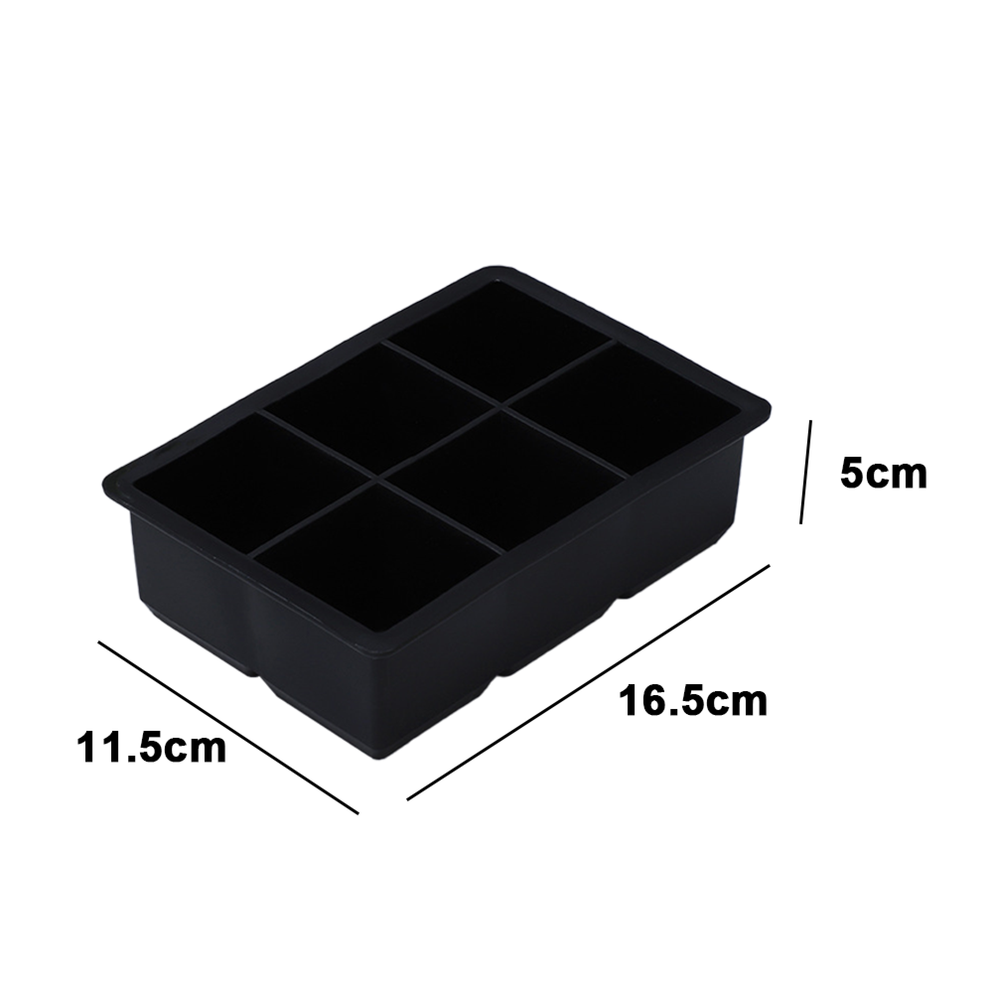 Schwarze Silikon-Eiswürfelform mit 6 Fächern, 16,5x11,5x5cm.