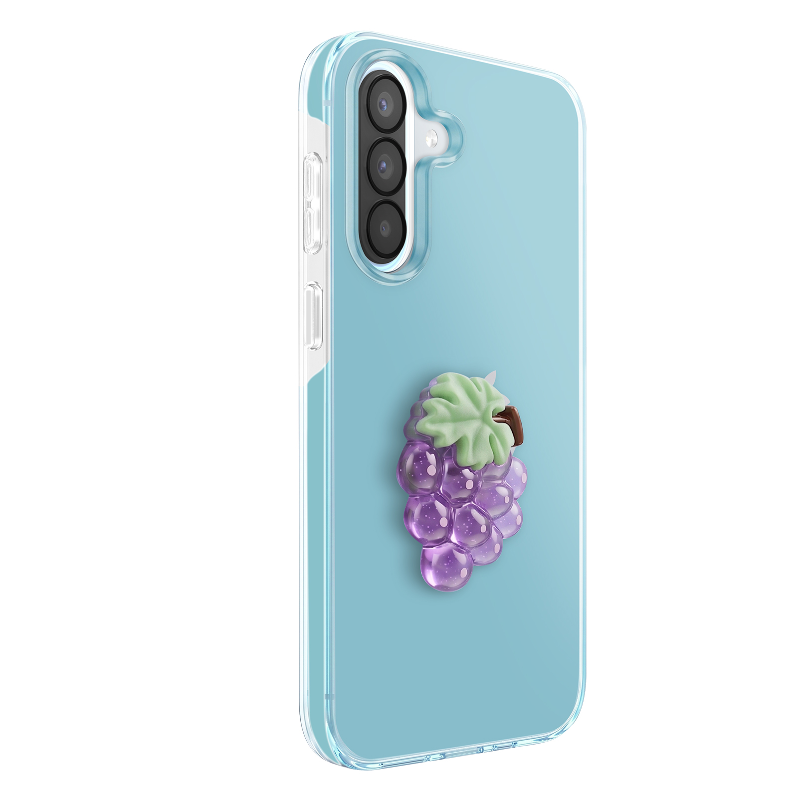 Una funda transparente para teléfono con parte trasera azul y un adorno de uva.