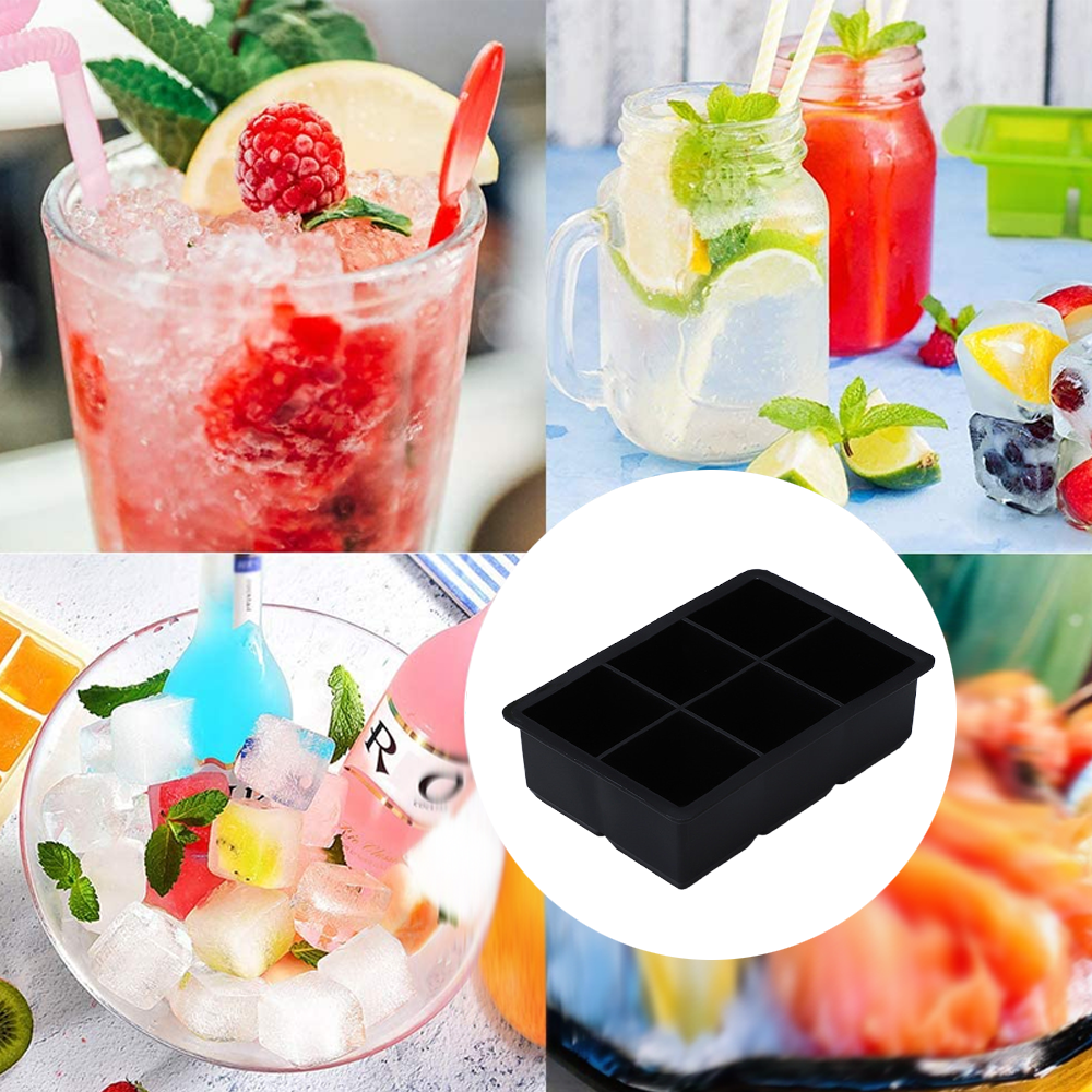 Vier Szenen: Ein rotes Getränk mit Beeren, ein Glas und ein Krug mit Getränken, Eis und Früchten, ein Löffel mit Eiswürfeln und Früchten, eine schwarze Eiswürfelform.