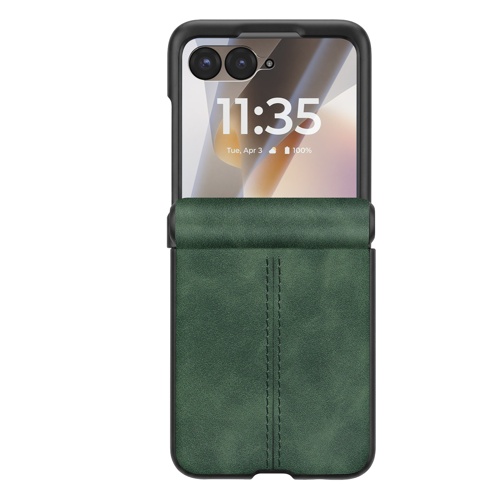 Funda de teléfono verde oscuro con costuras y pantalla parcialmente visible.