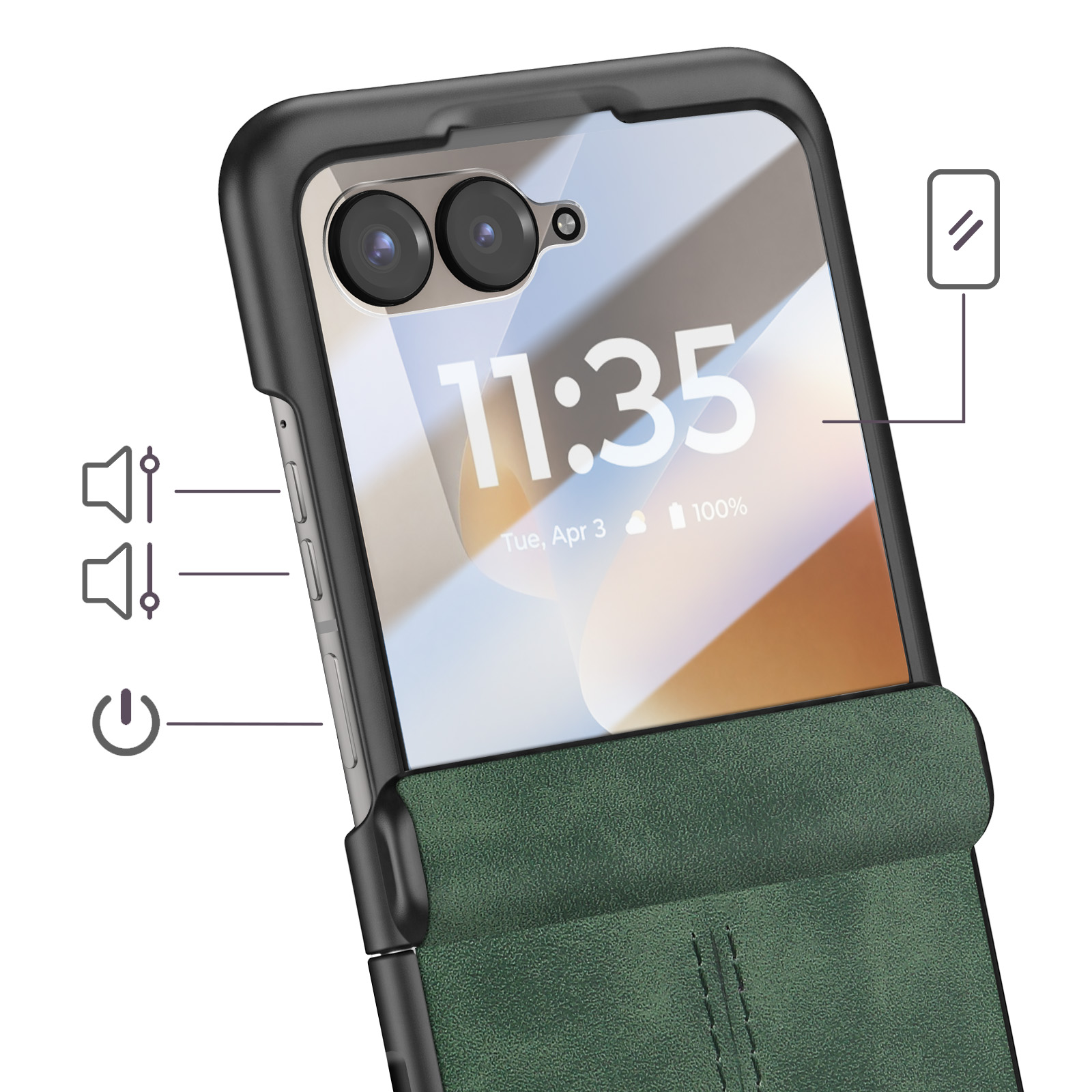 Teléfono inteligente negro con funda verde, cámaras traseras y pantalla.