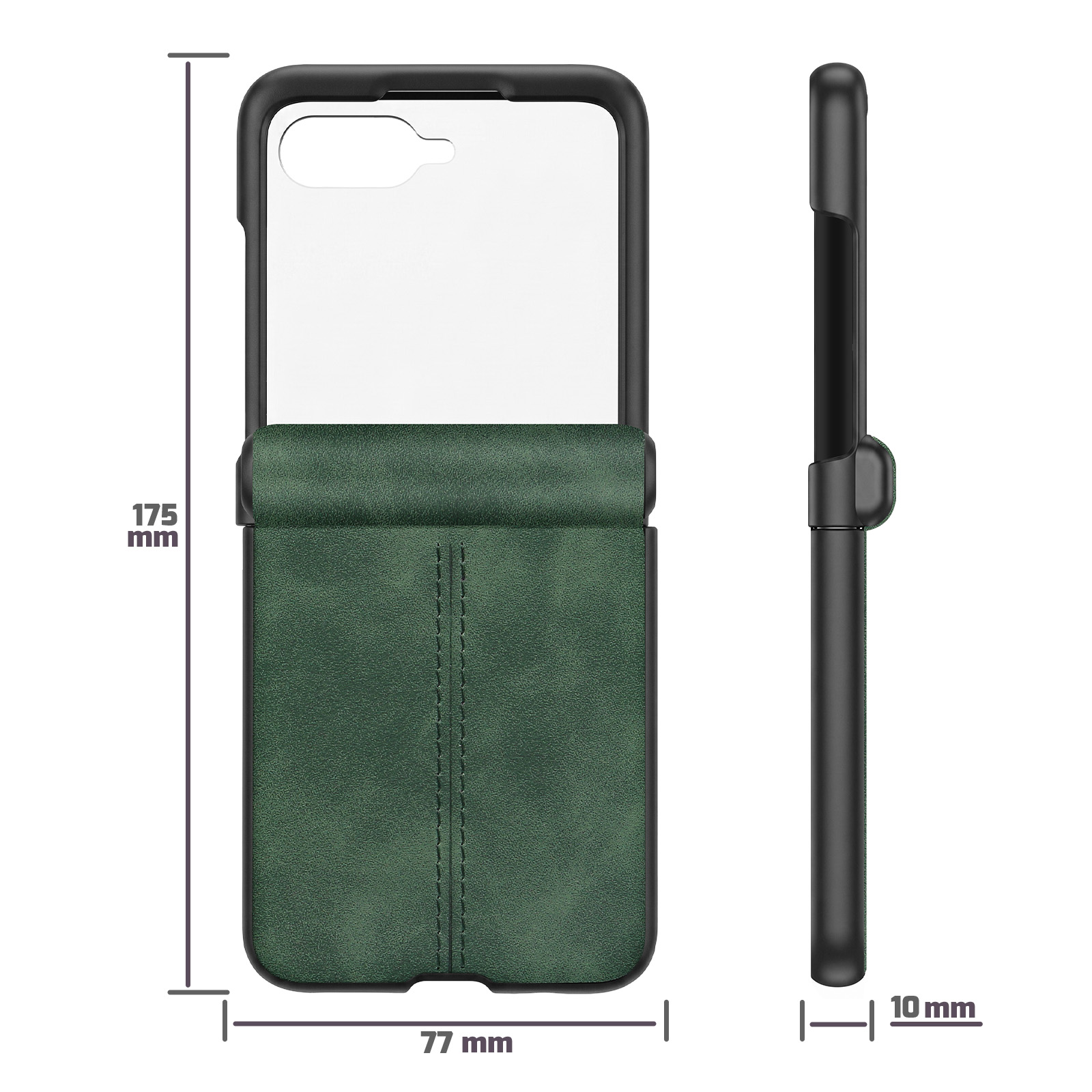 Funda verde para teléfono de 175x77x10 mm, vista frontal y lateral.