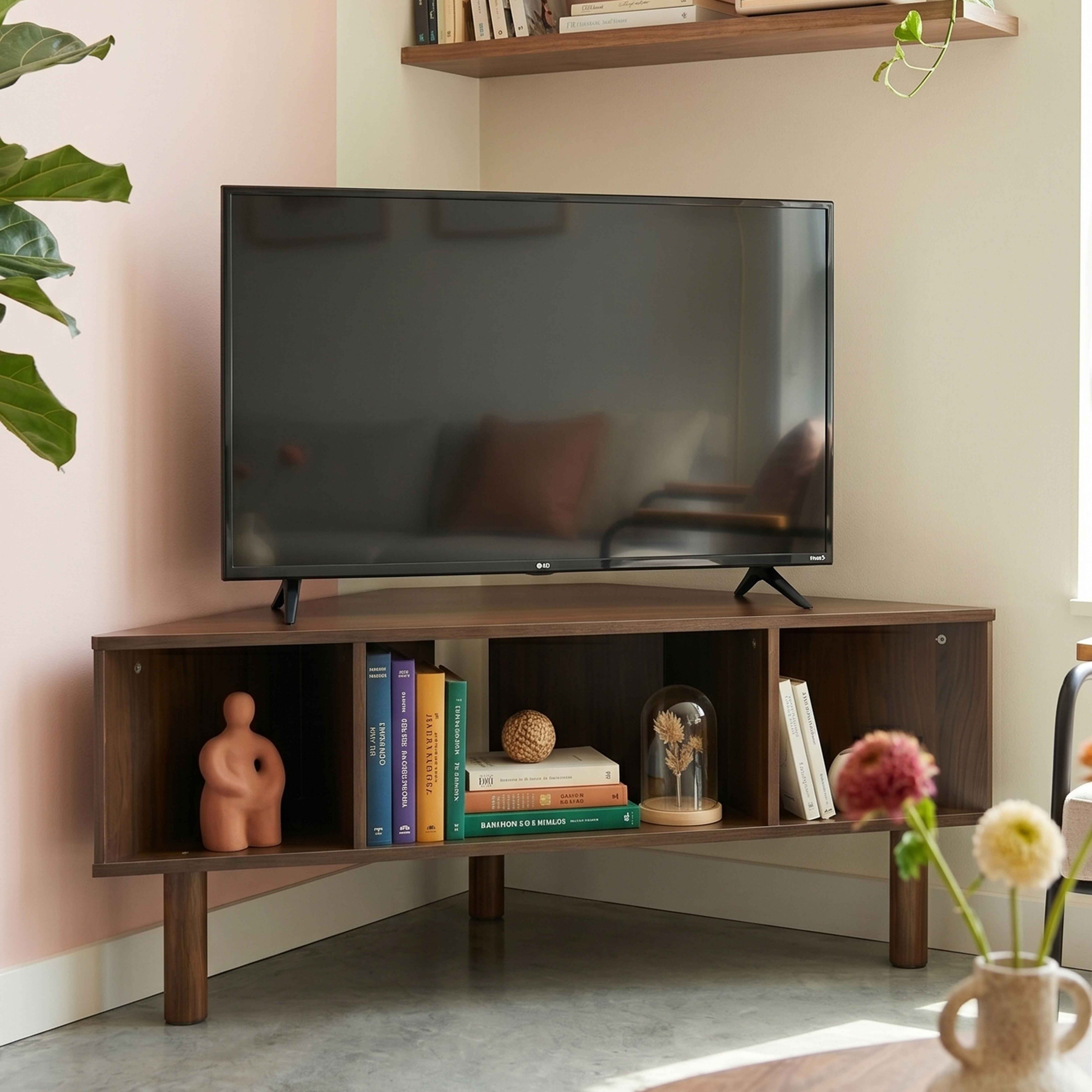 Ein Fernseher steht auf einem Eckregal aus Holz mit Büchern und Dekoration.