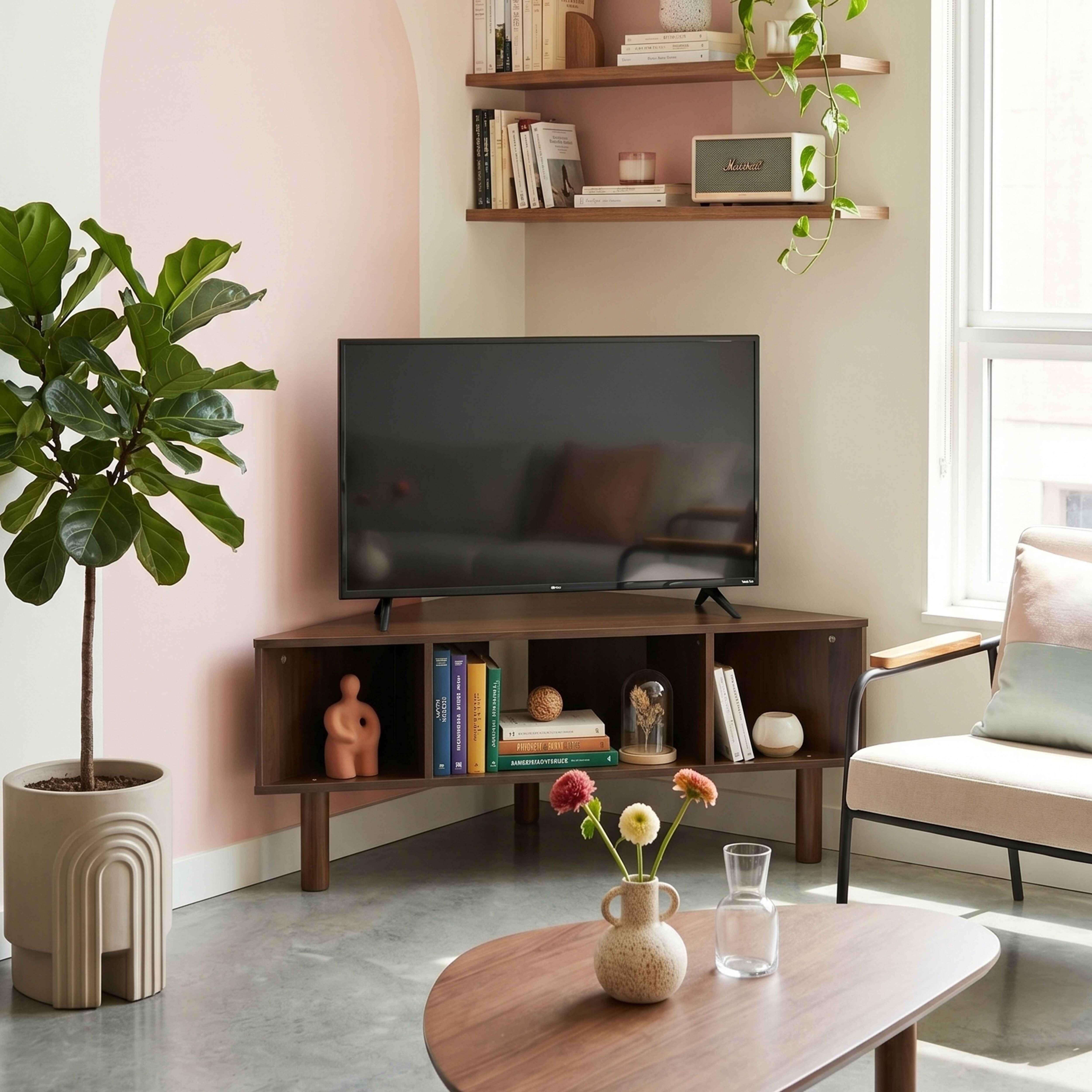 Ein Wohnzimmer mit TV, Pflanzen und Möbeln.