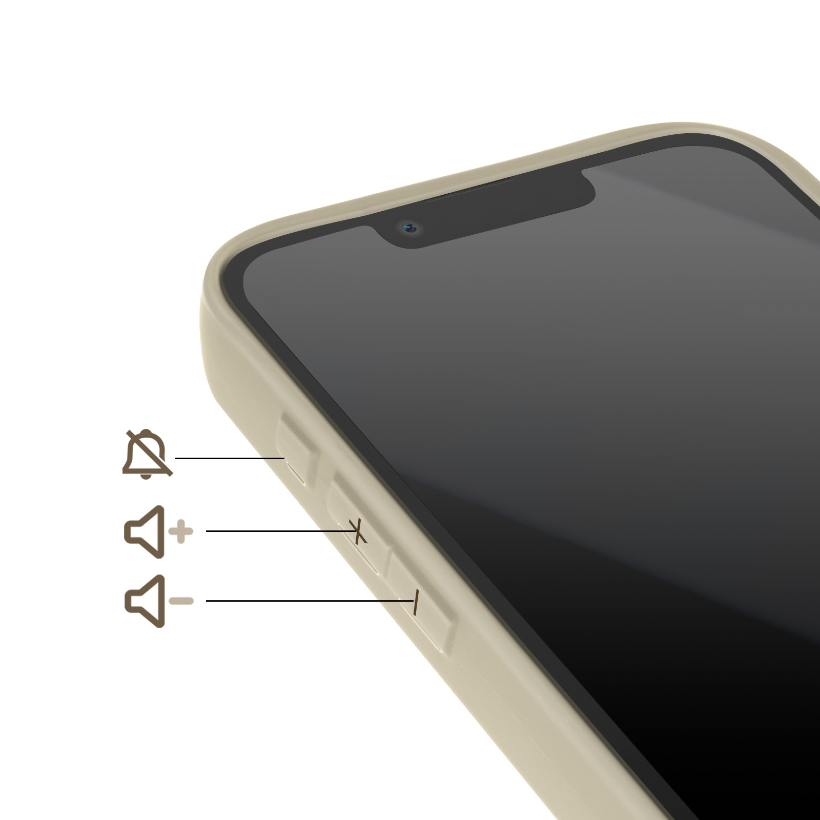 Ein hellbeigefarbenes Handy mit schwarzen Tasten und Symbolen für Lautstärke und Stummschaltung.