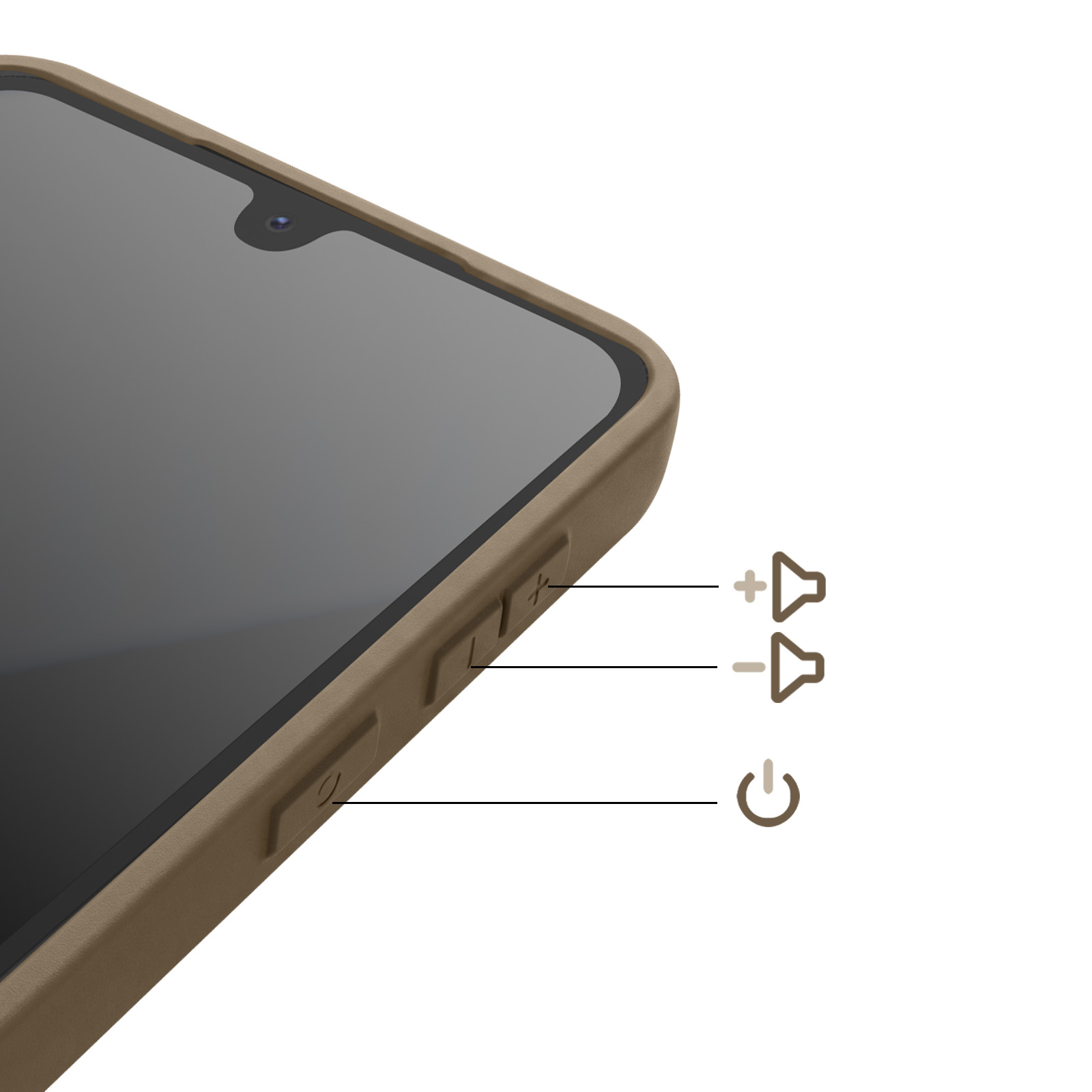 Ein Smartphone mit brauner Hülle, Lautstärke- und Einschalttasten.