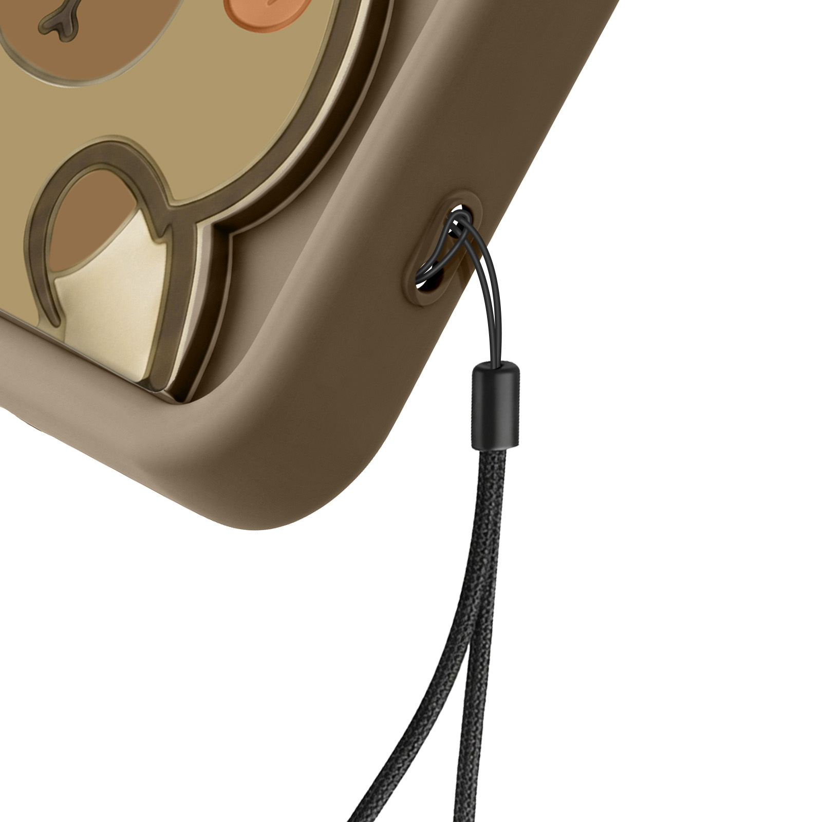 Eine beige Handyhülle mit braunem und hellbraunem Design ist abgebildet. Ein schwarzes Schlüsselband ist durch ein Loch in der Hülle gefädelt.
