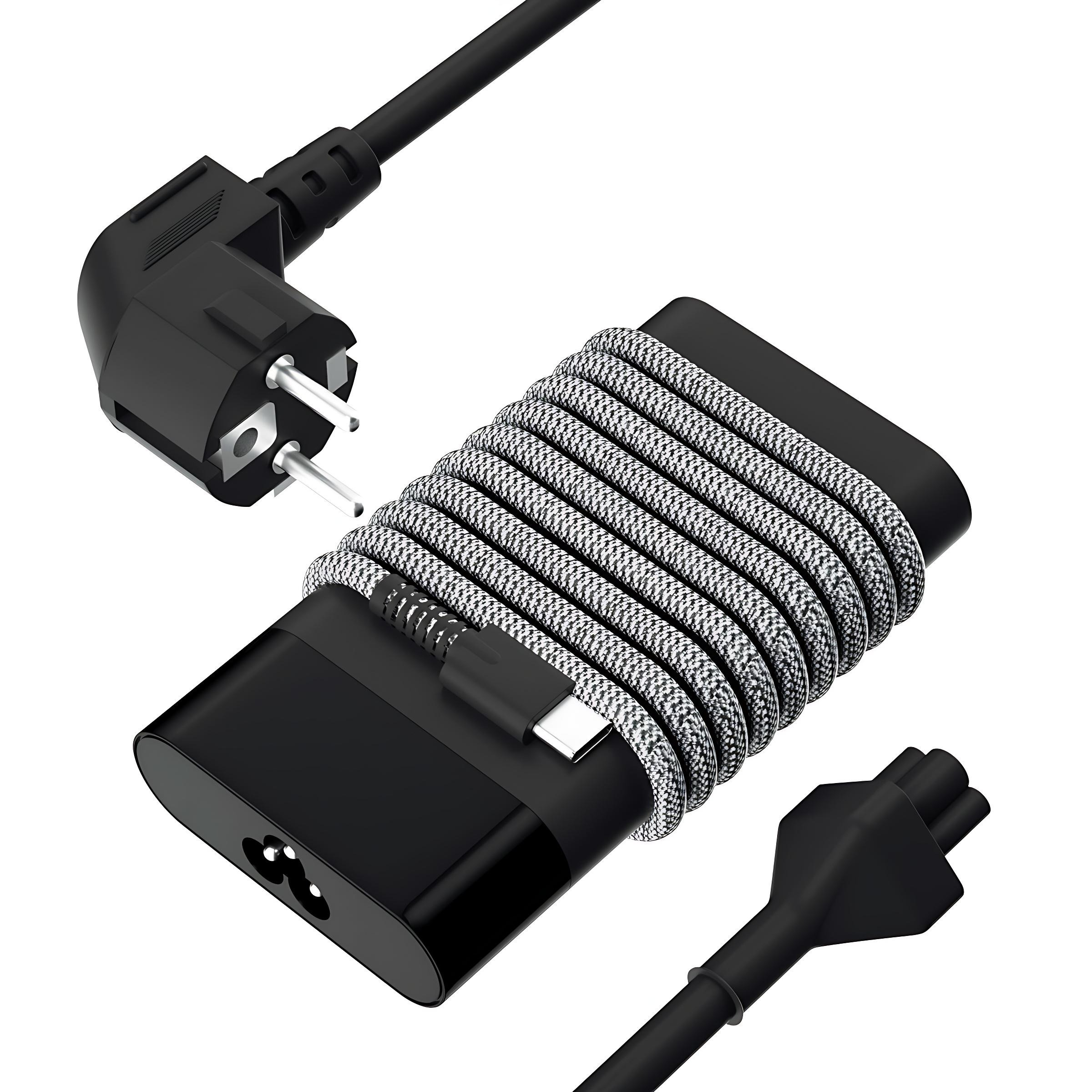 Zwarte laptopoplader met grijze kabel en EU-stekker.