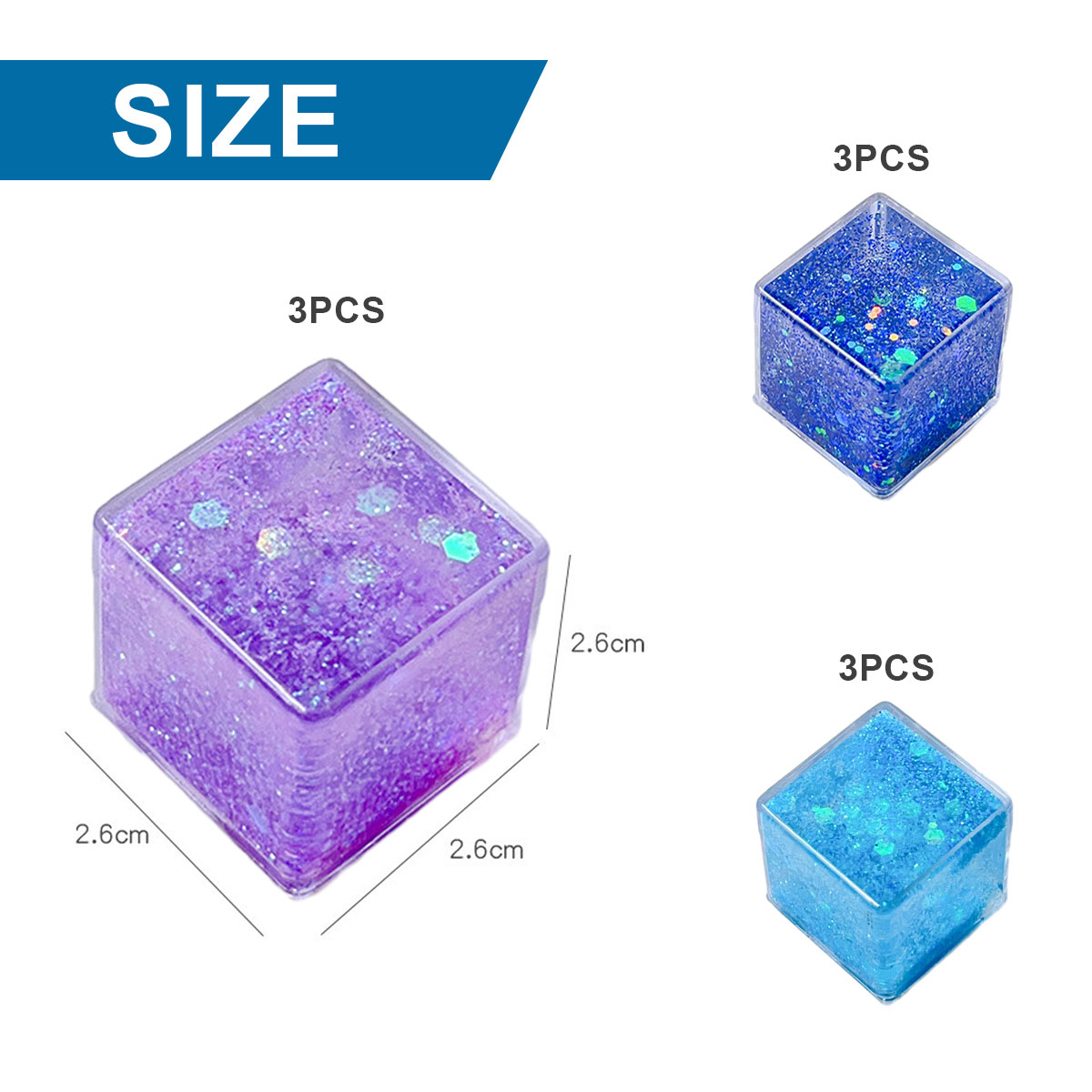 Drei glitzernde Würfel: lila, dunkelblau und hellblau, jeweils 2,6 cm.