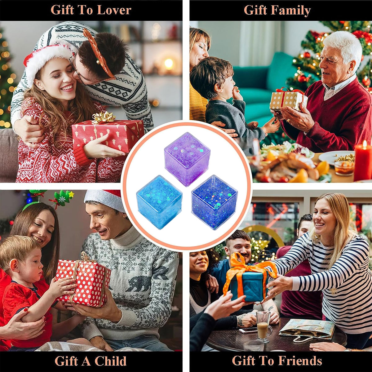 Vier Szenen: Geschenk für Liebhaber, Familie, Kind, Freunde. Drei Würfel.