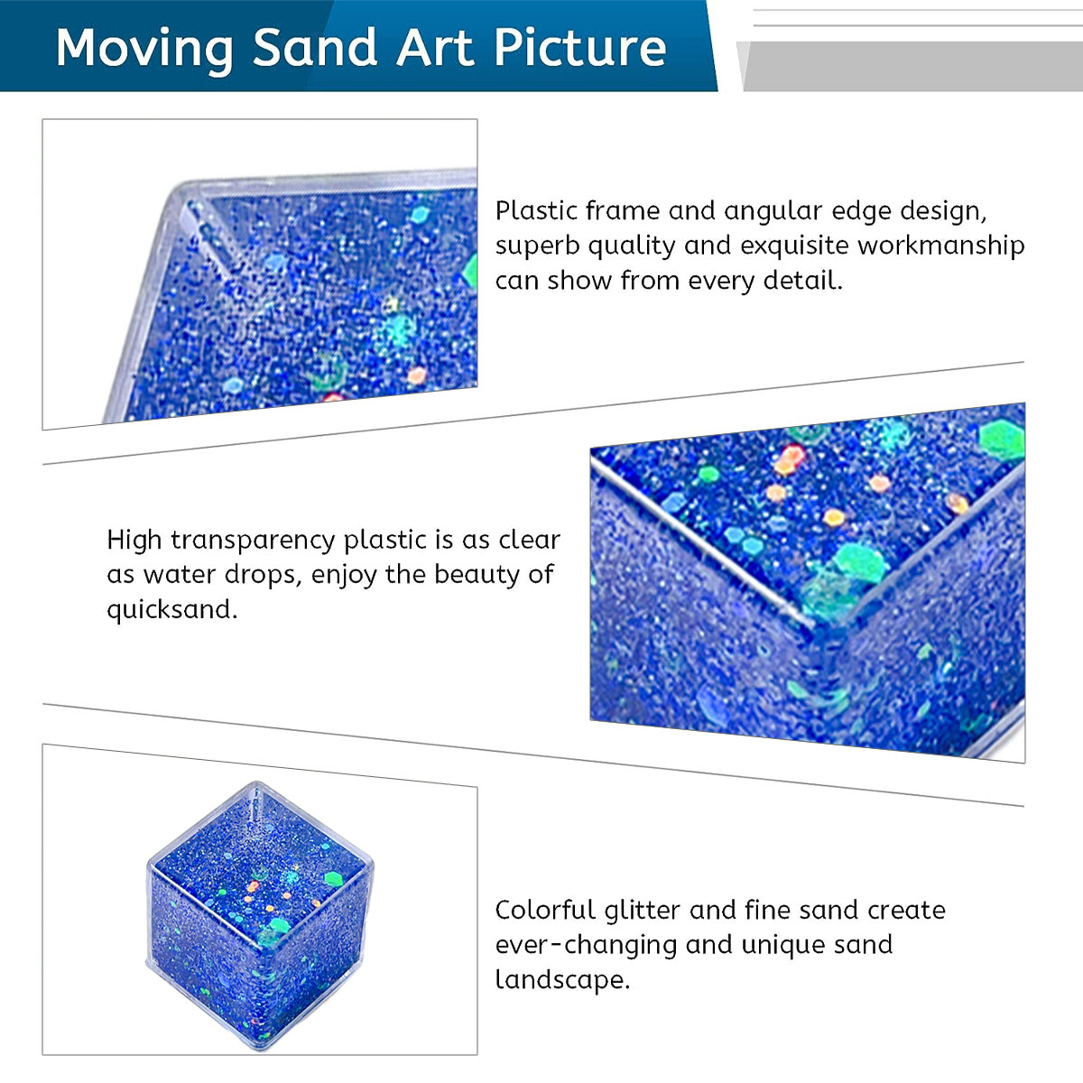 Quadratischer Behälter mit blauem Glitzer und feinem Sand gefüllt.