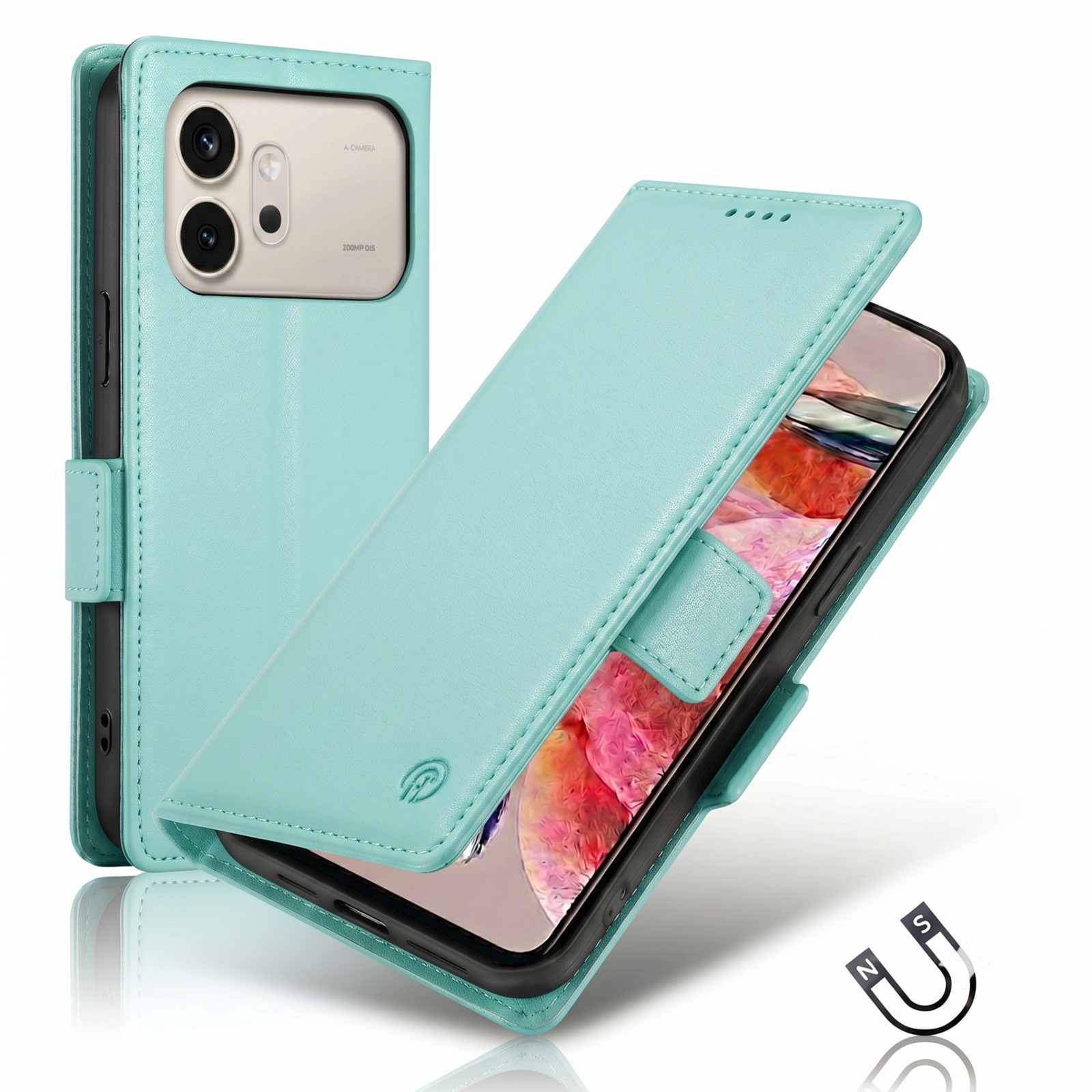 Ein türkisfarbener Leder-Flip-Case mit einem Handy mit drei Kameras auf der Rückseite.