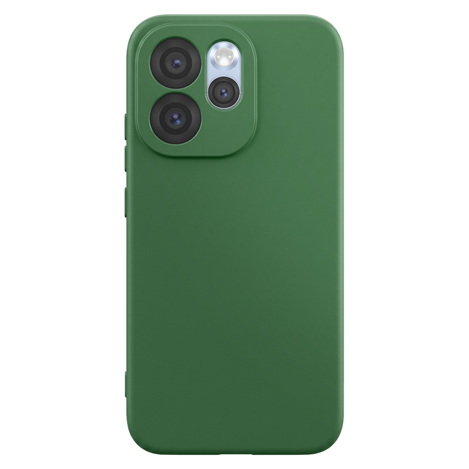 Una funda de teléfono verde con tres lentes de cámara y un flash.