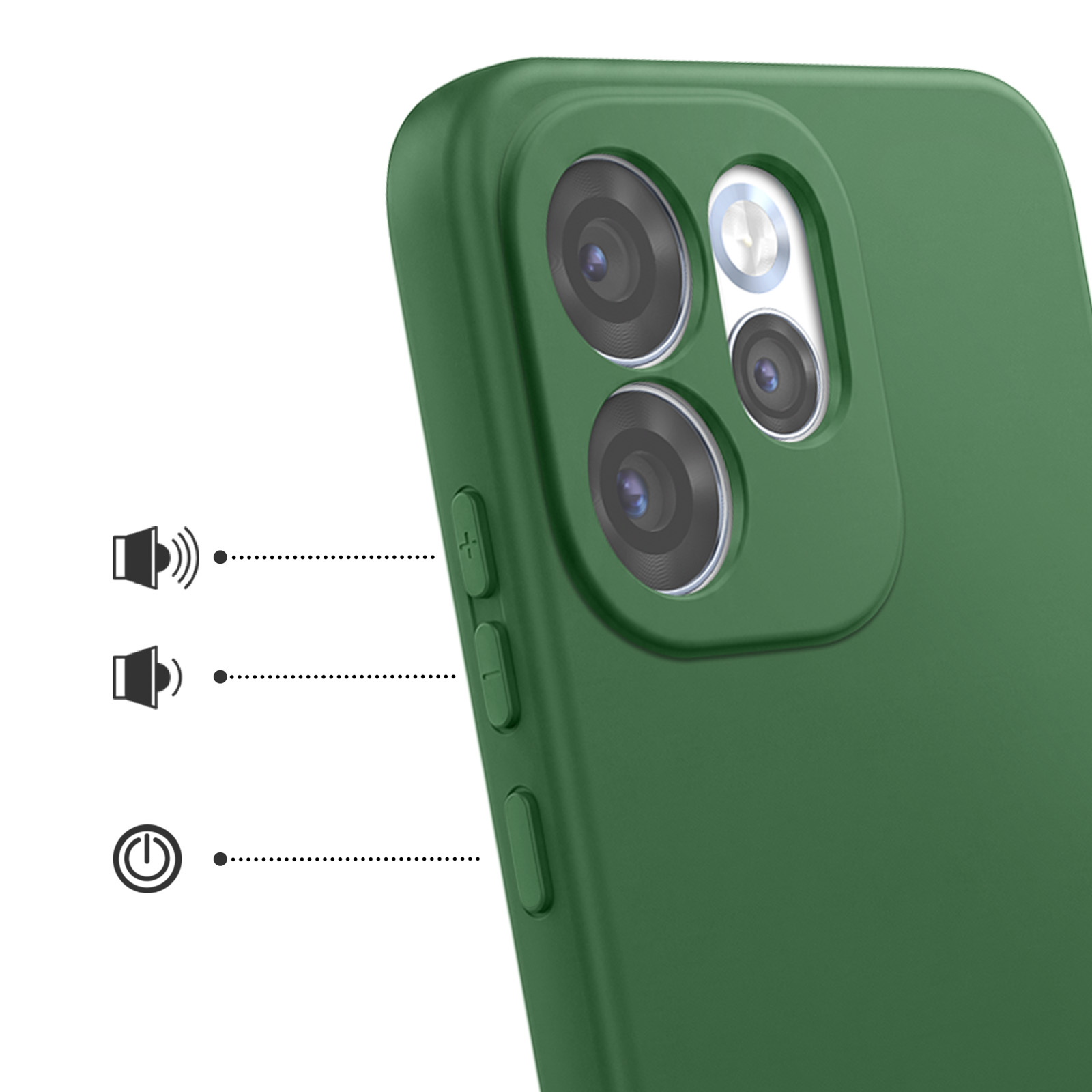 Funda verde para teléfono con lentes de cámara y botones de volumen/encendido.